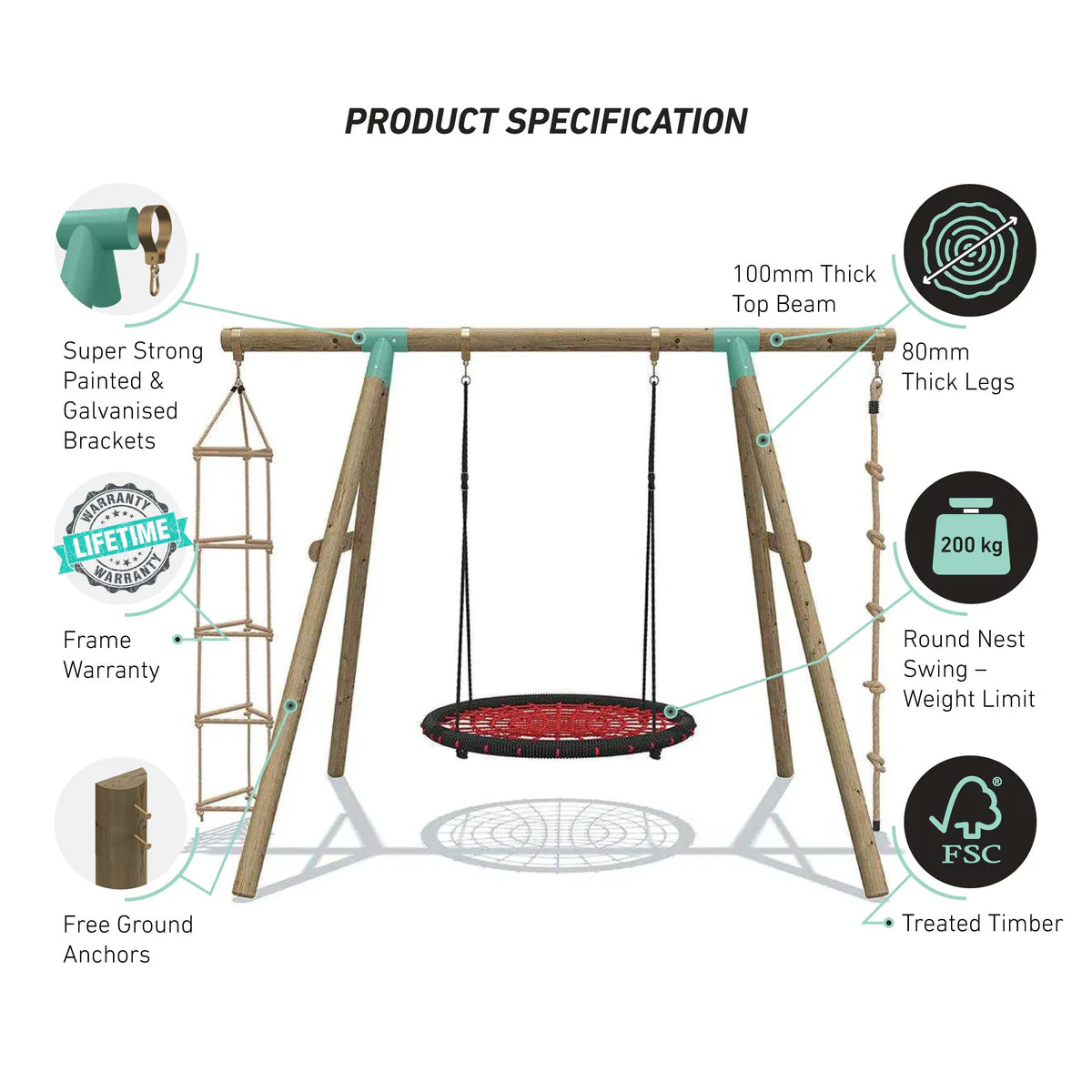 Wild Aussie 3 in 1 Round Nest Wooden Swing Set With Knotted Rope & Ladder
