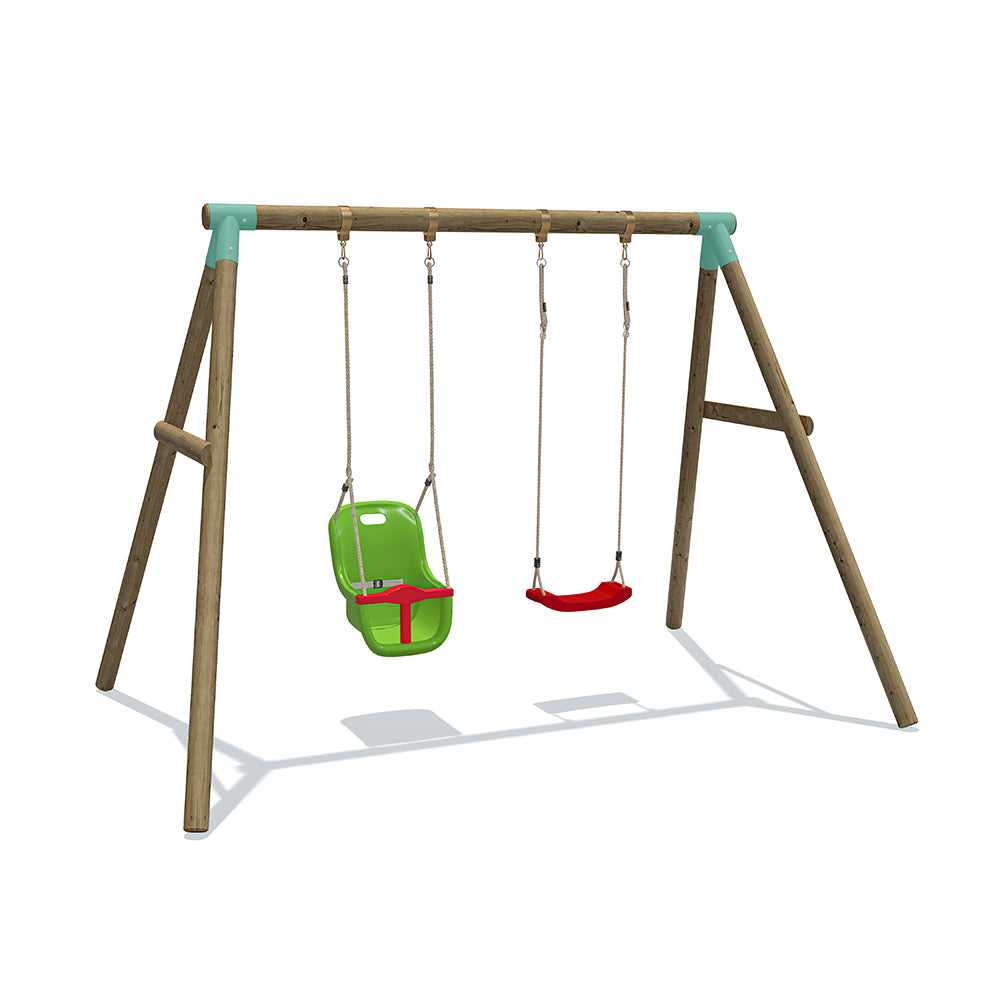 Double Wooden Swing Set with Baby Seat Outdoor Play Equipment