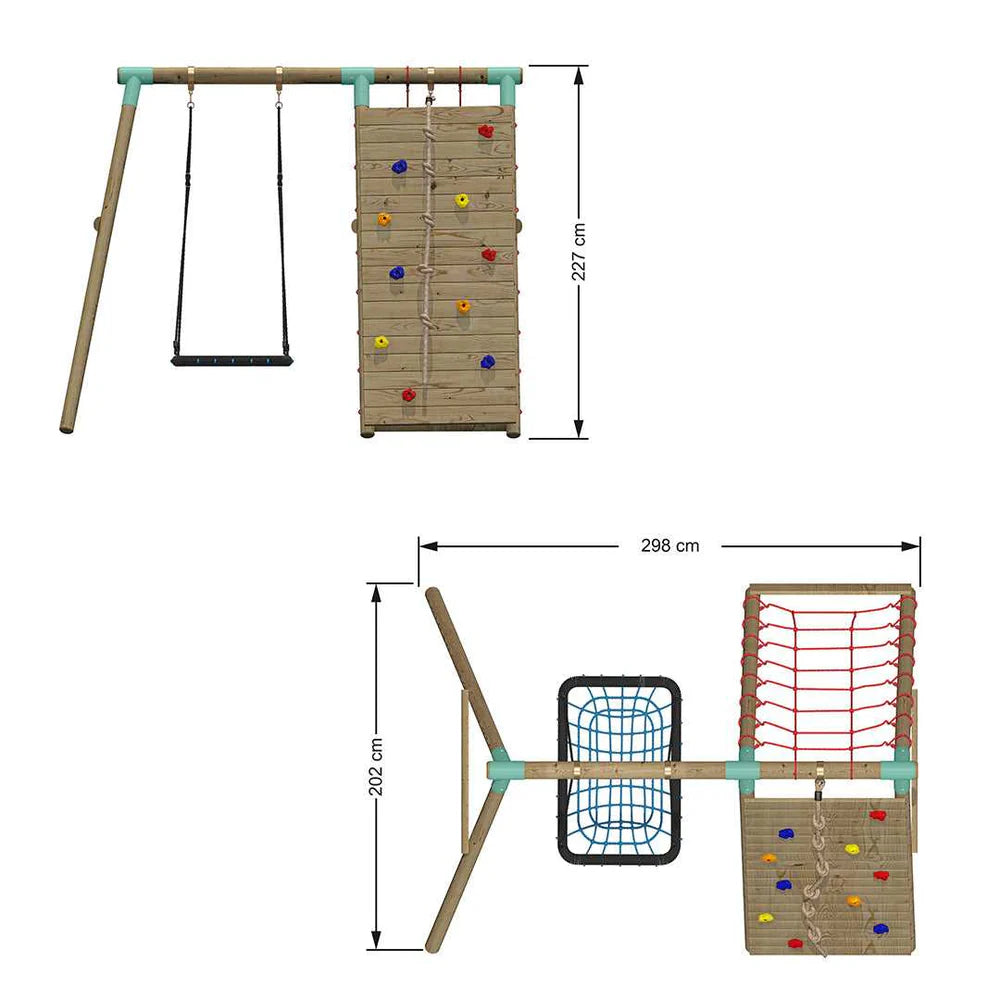 Wooden swing climbing wall with red climbing net. Blue net swing