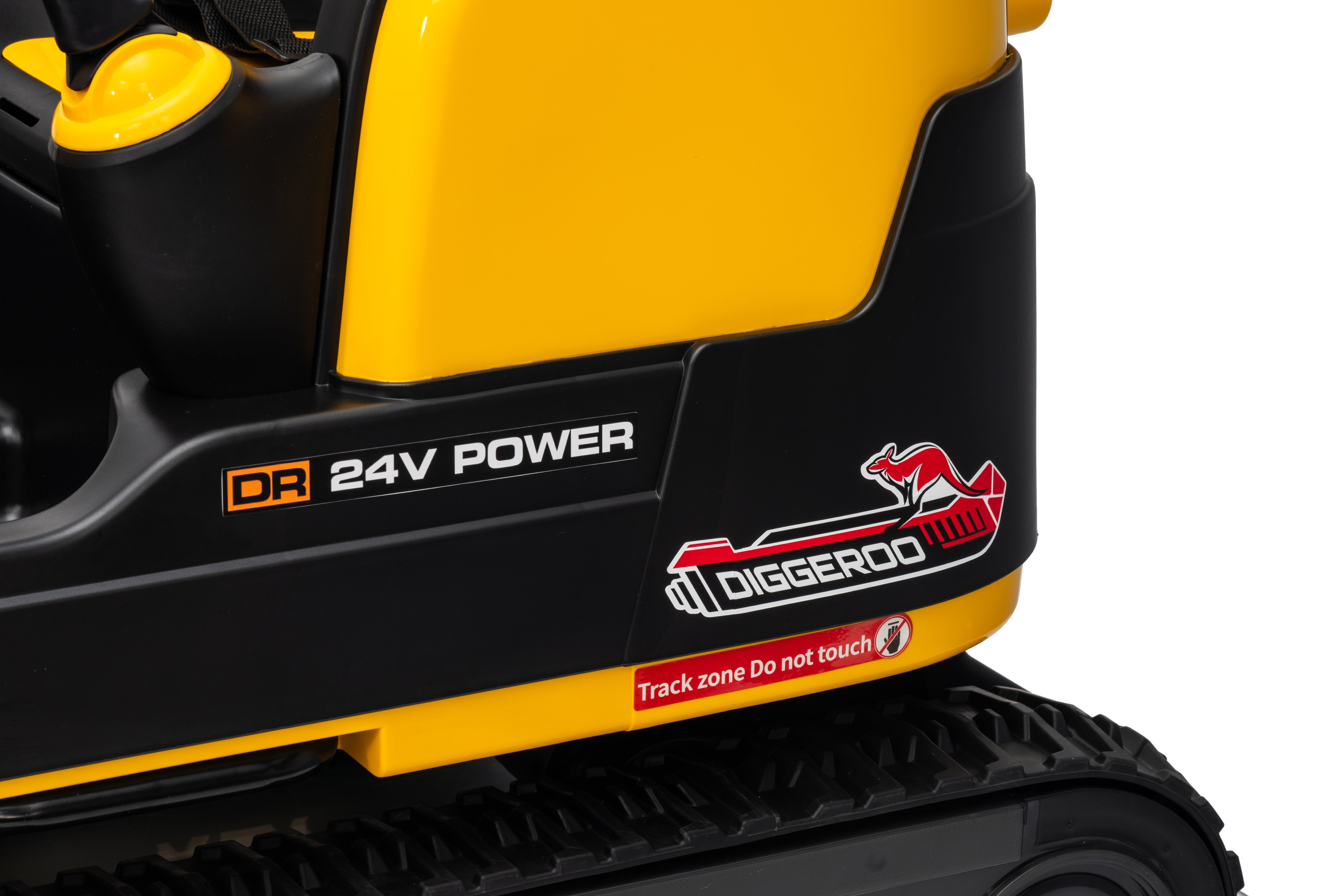 Close-up of a yellow and black construction toy with 'Diggeroo' branding on a white background.