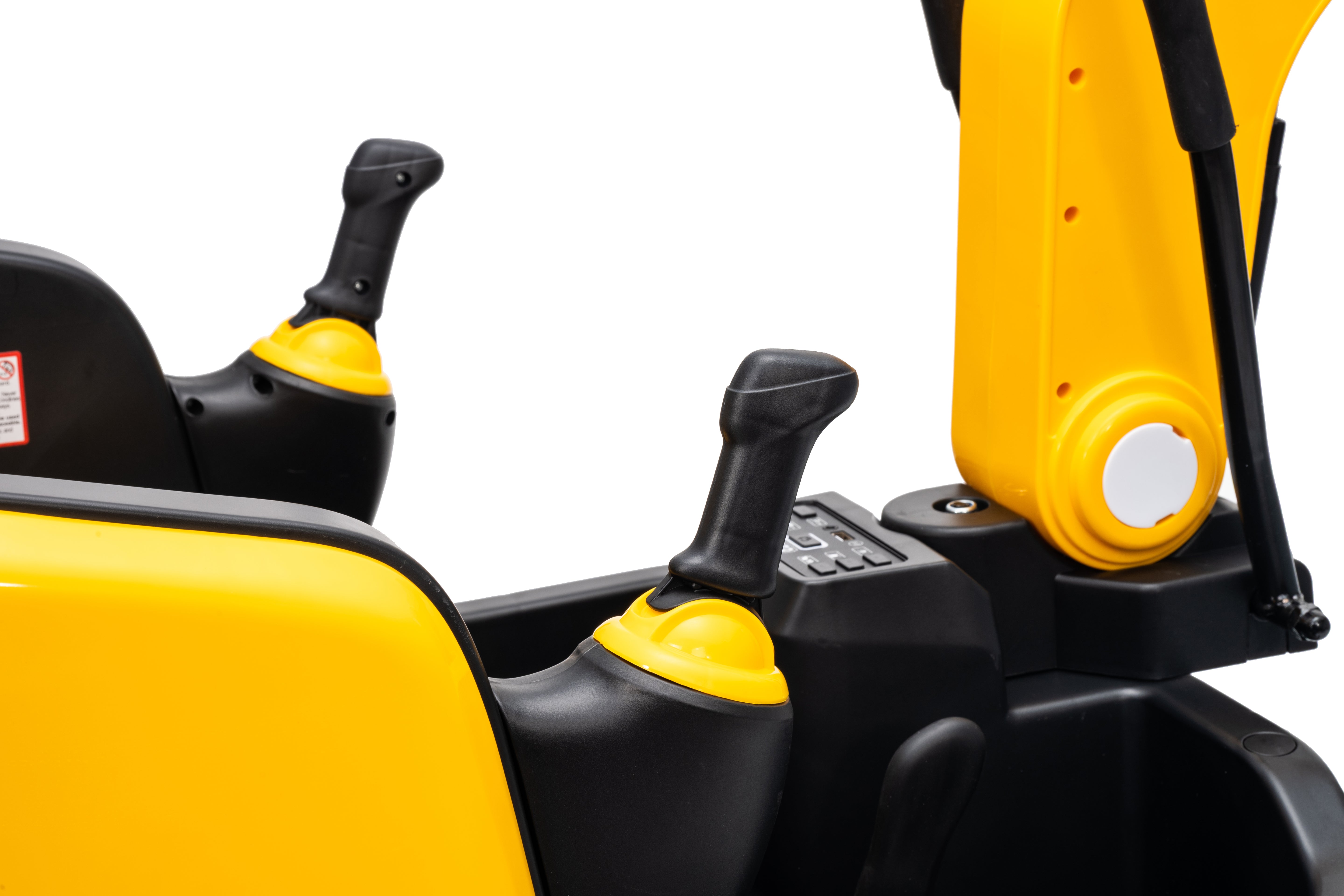 Close-up of a yellow and black piece of machinery with control levers.