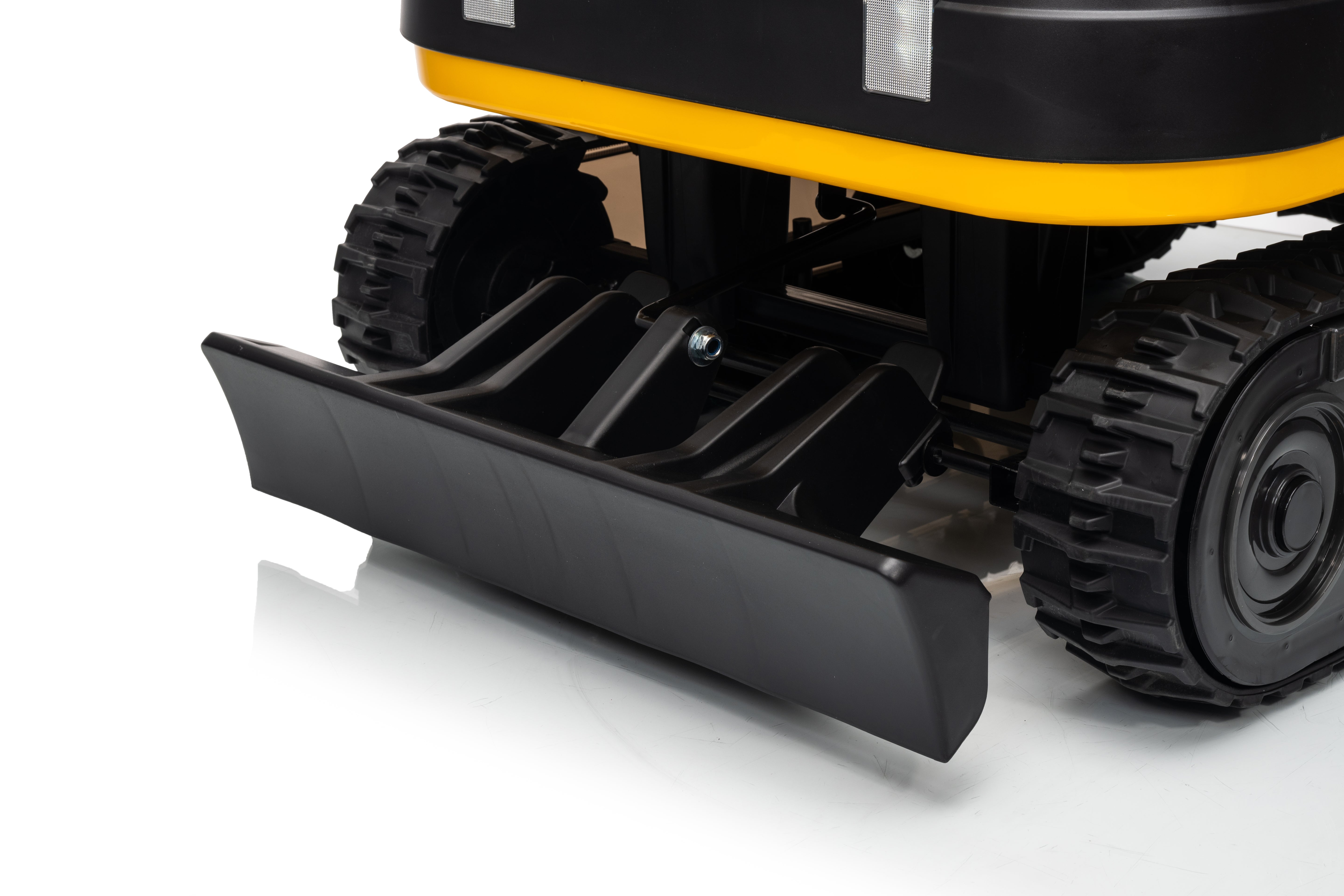 Close-up of a black and yellow tracked vehicle with a blade attachment on a white background