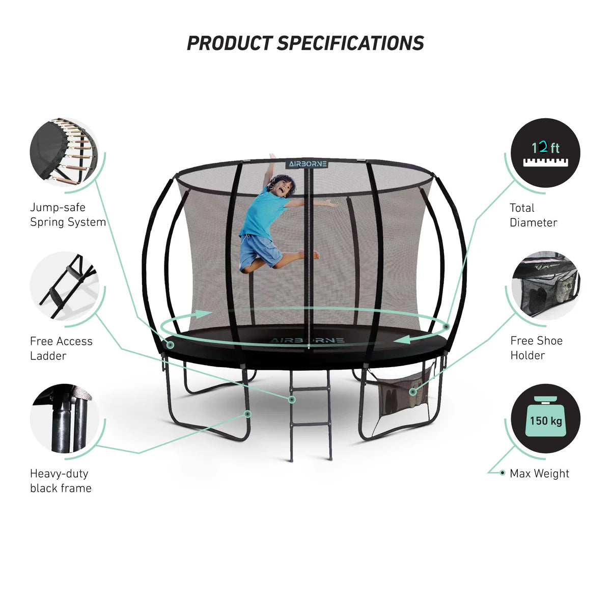 Trampoline with safety net and product specifications on a white background