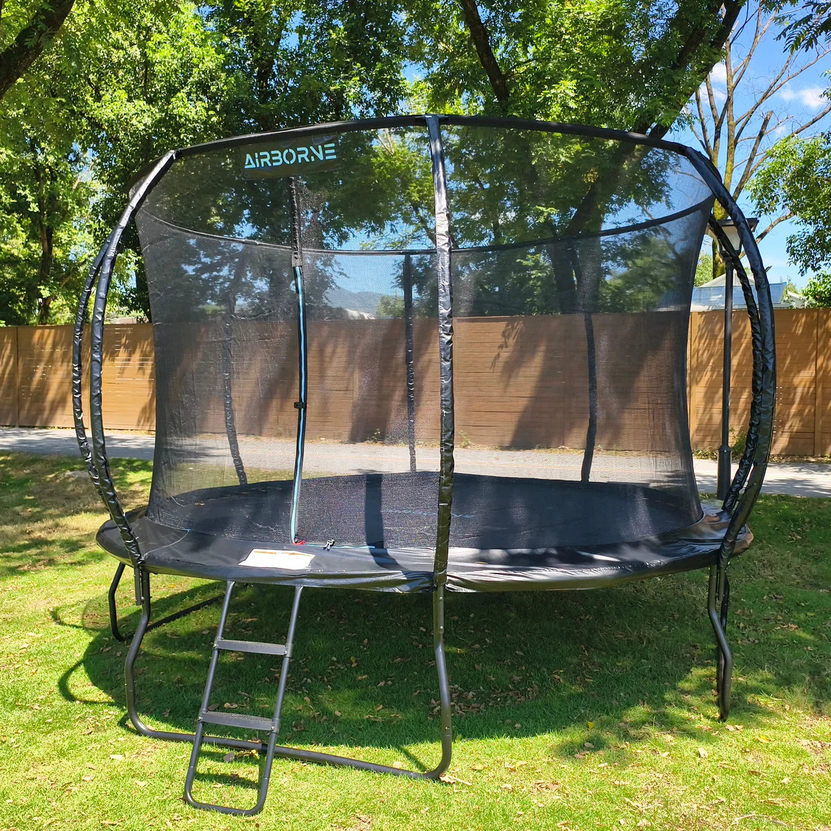 Trampoline with safety net and ladder on a grassy area with trees in the background