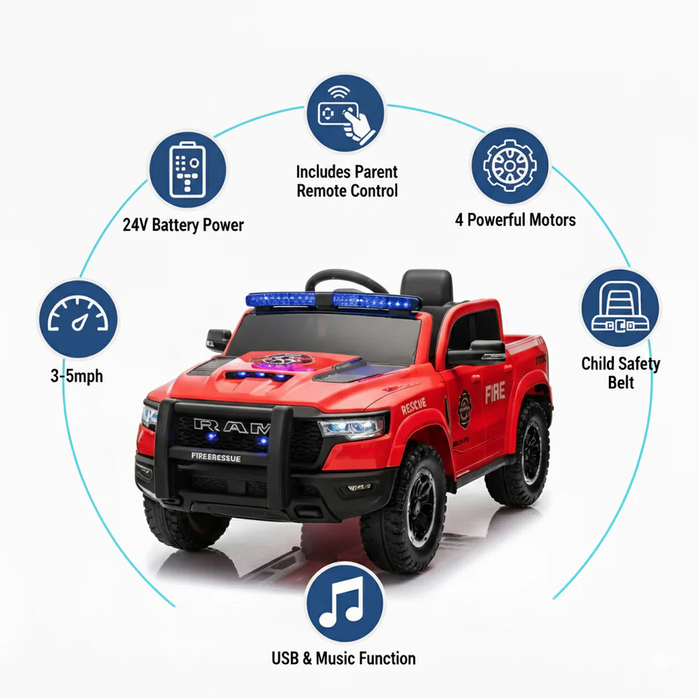 24v Licensed Dodge Ram Fire Truck Official Ride On 4x4