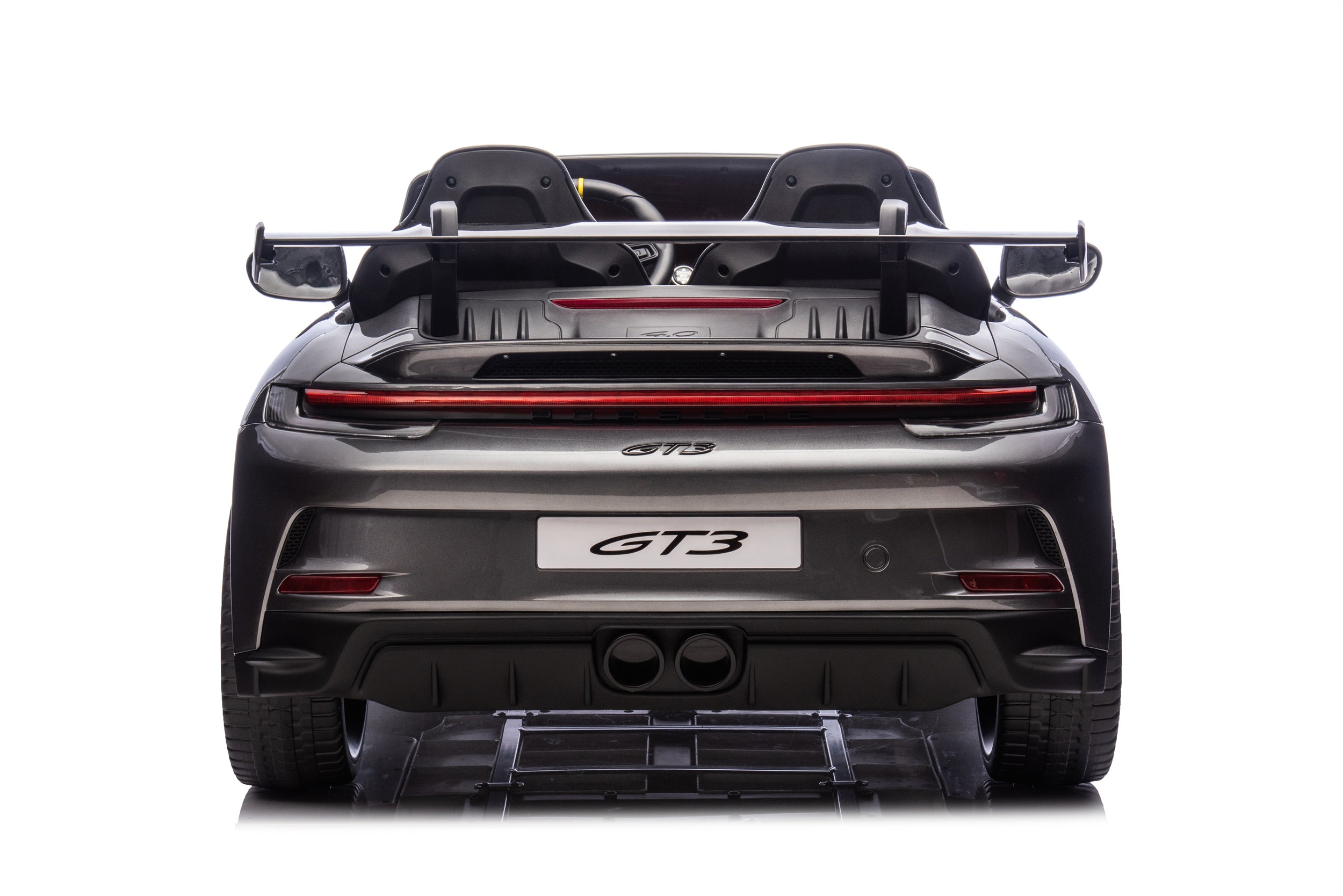 Back view of a black Porsche GT3 car on a white background