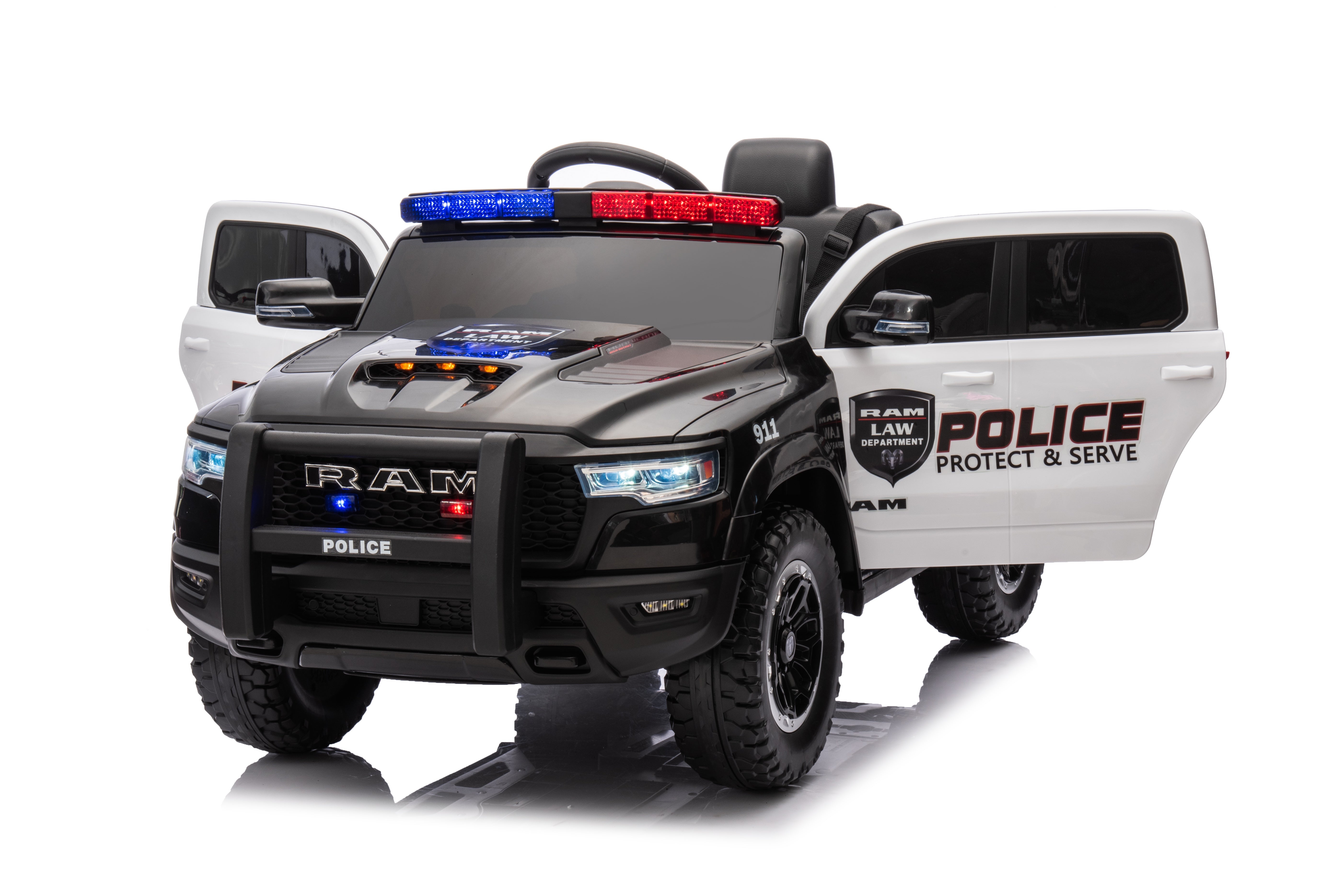Angled front view with doors open of the Dodge RAM 1500 Police Ride-On Car for kids