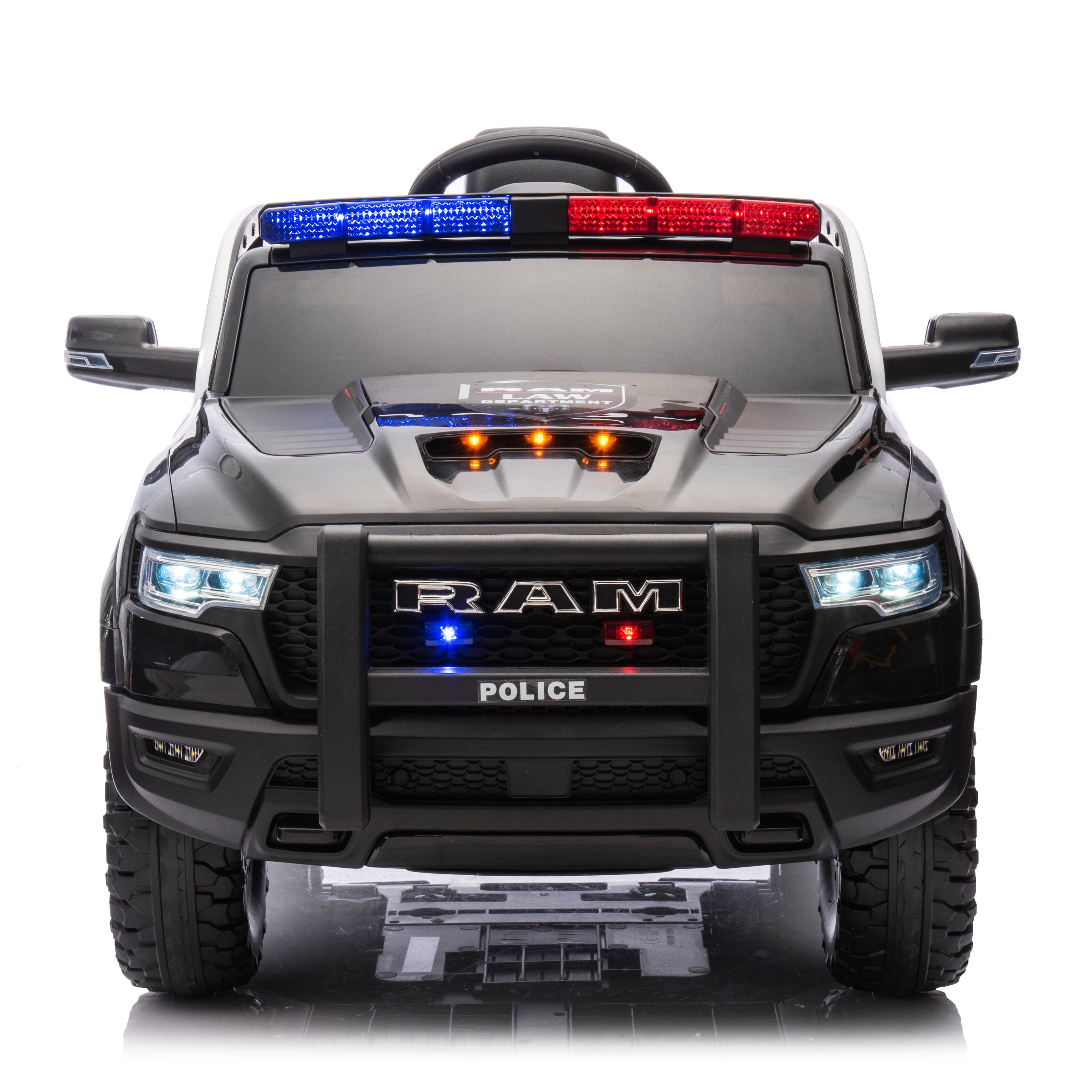 Front view of the Dodge RAM 1500 Police Ride-On Car with working LED lights