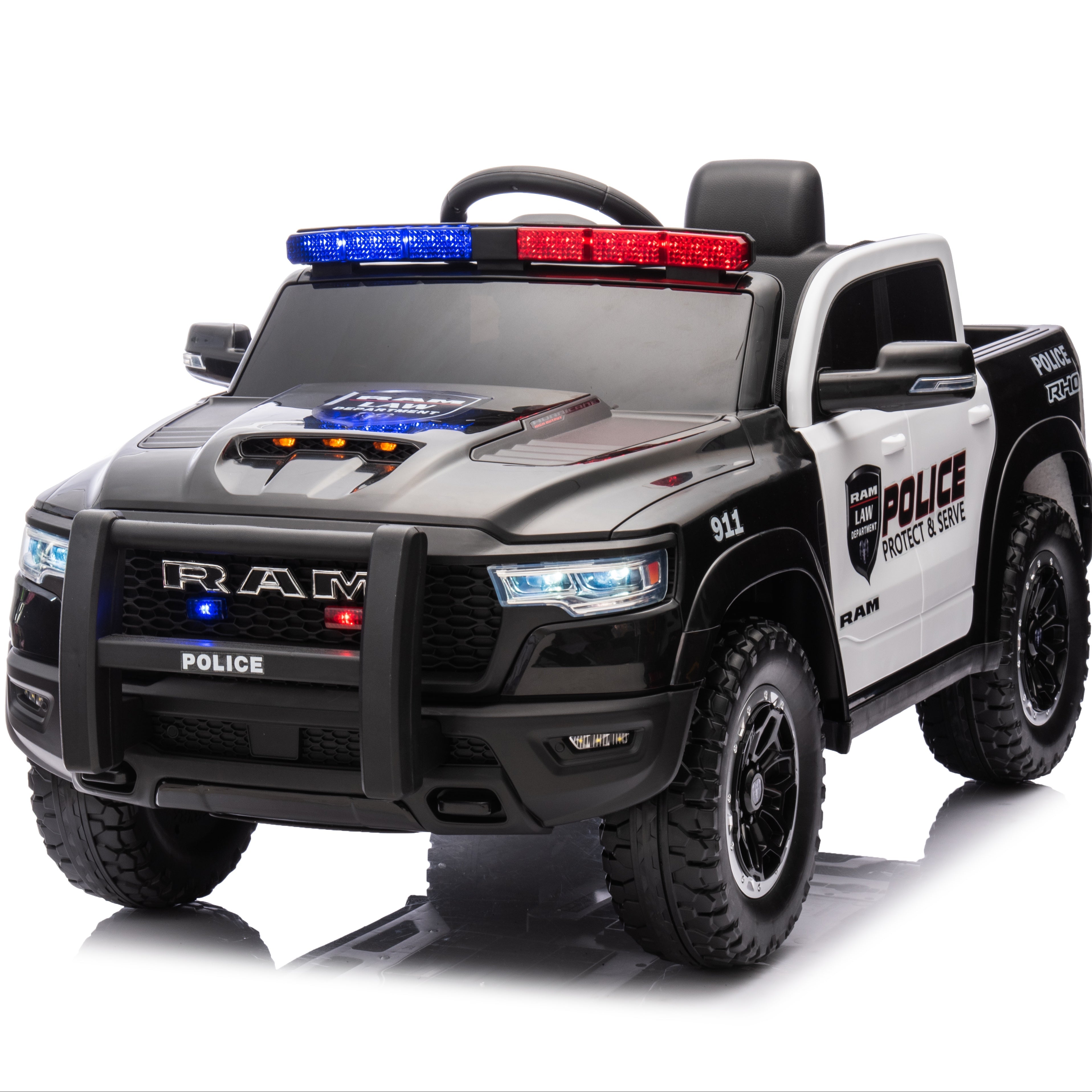 Angled front view of the Licensed Dodge RAM 1500 Police Ride-On Car with police decals