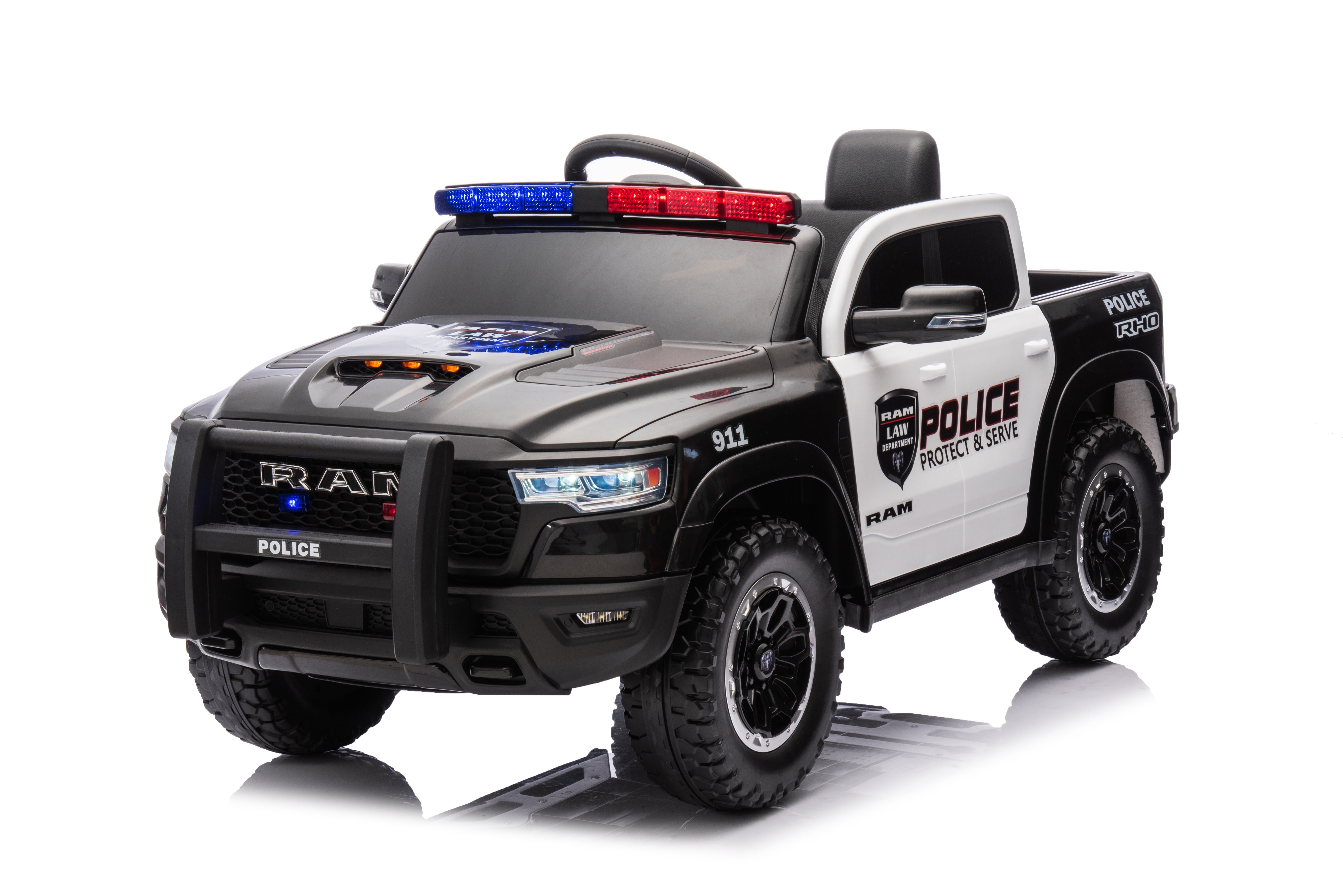 Angled front view of the Licensed Dodge RAM 1500 Police Ride-On Car with police decals