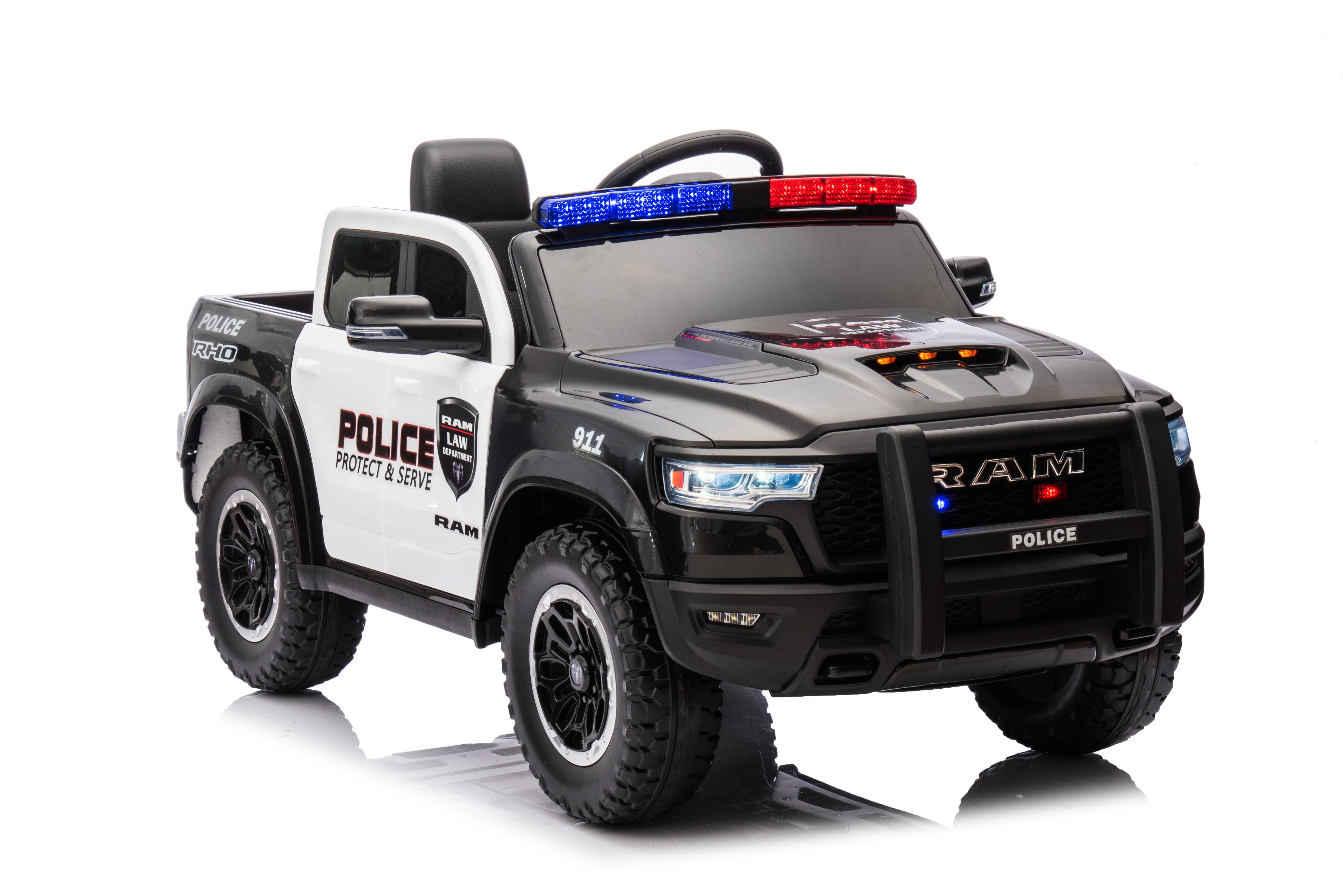 Another angled front view of the Dodge RAM 4WD Police Ride-On Car for kids