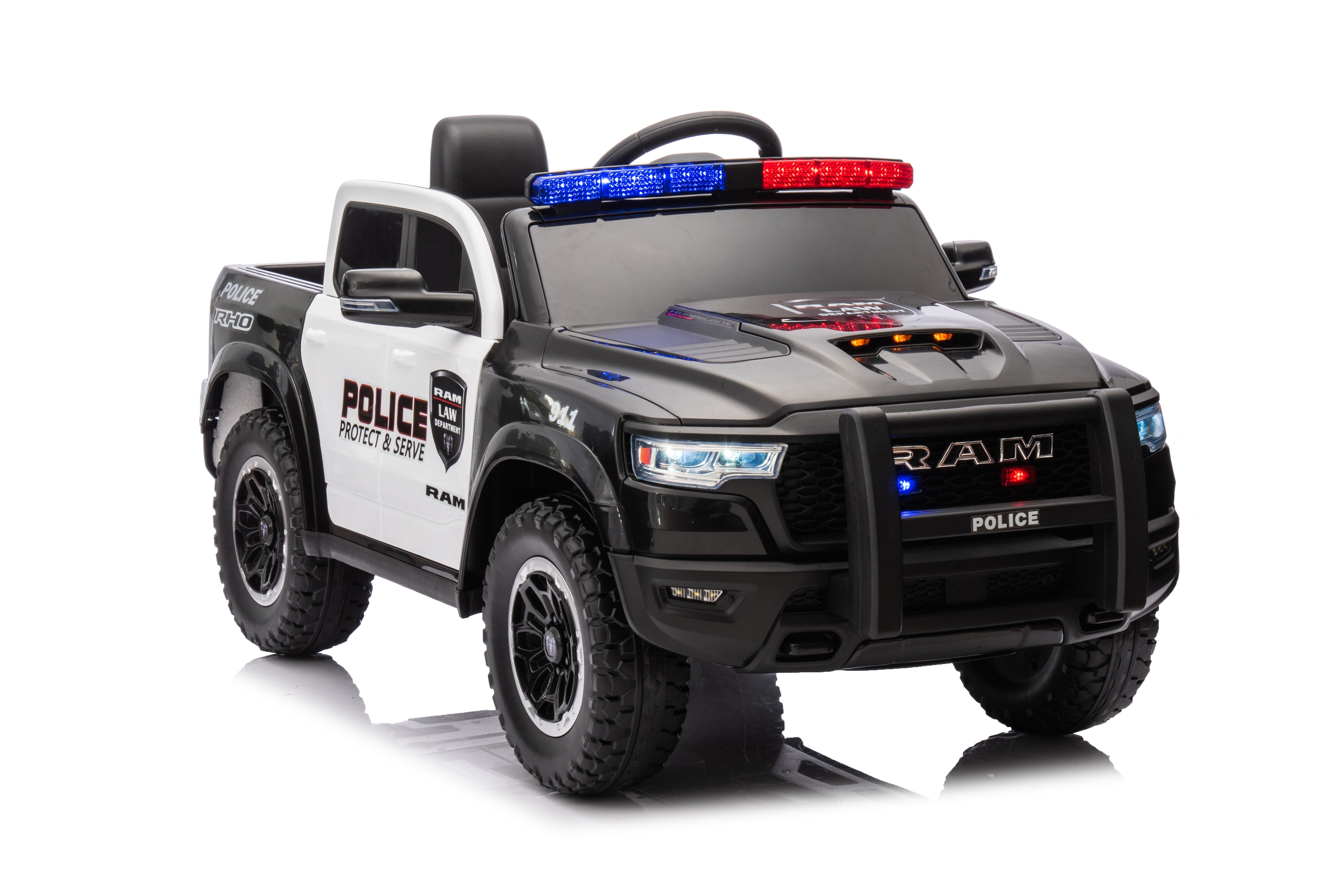 Angled side view of Dodge RAM Police Ride-On Car with rugged tires and police branding