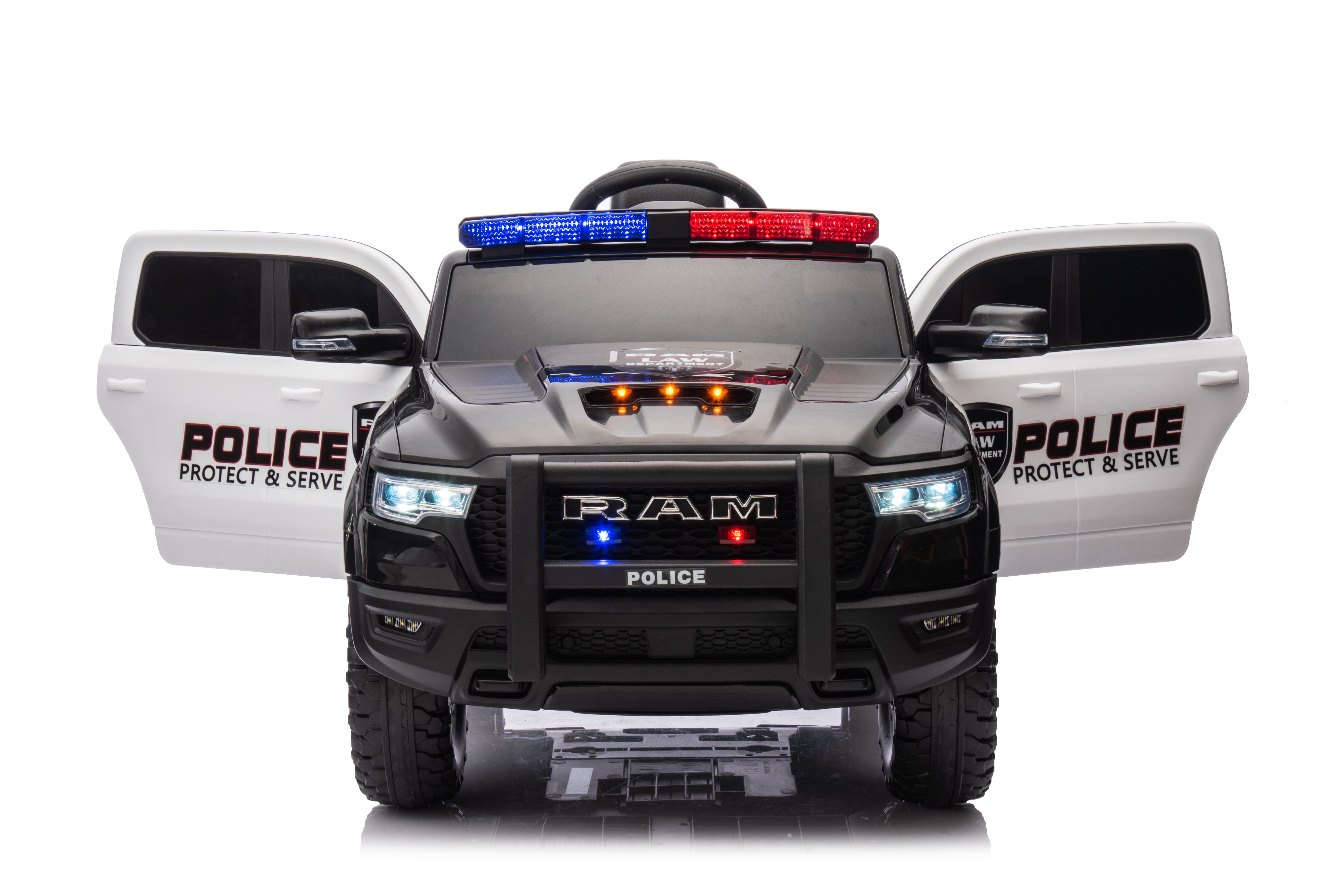 Front view of Dodge RAM Police Ride-On Car with both doors open and LED lights
