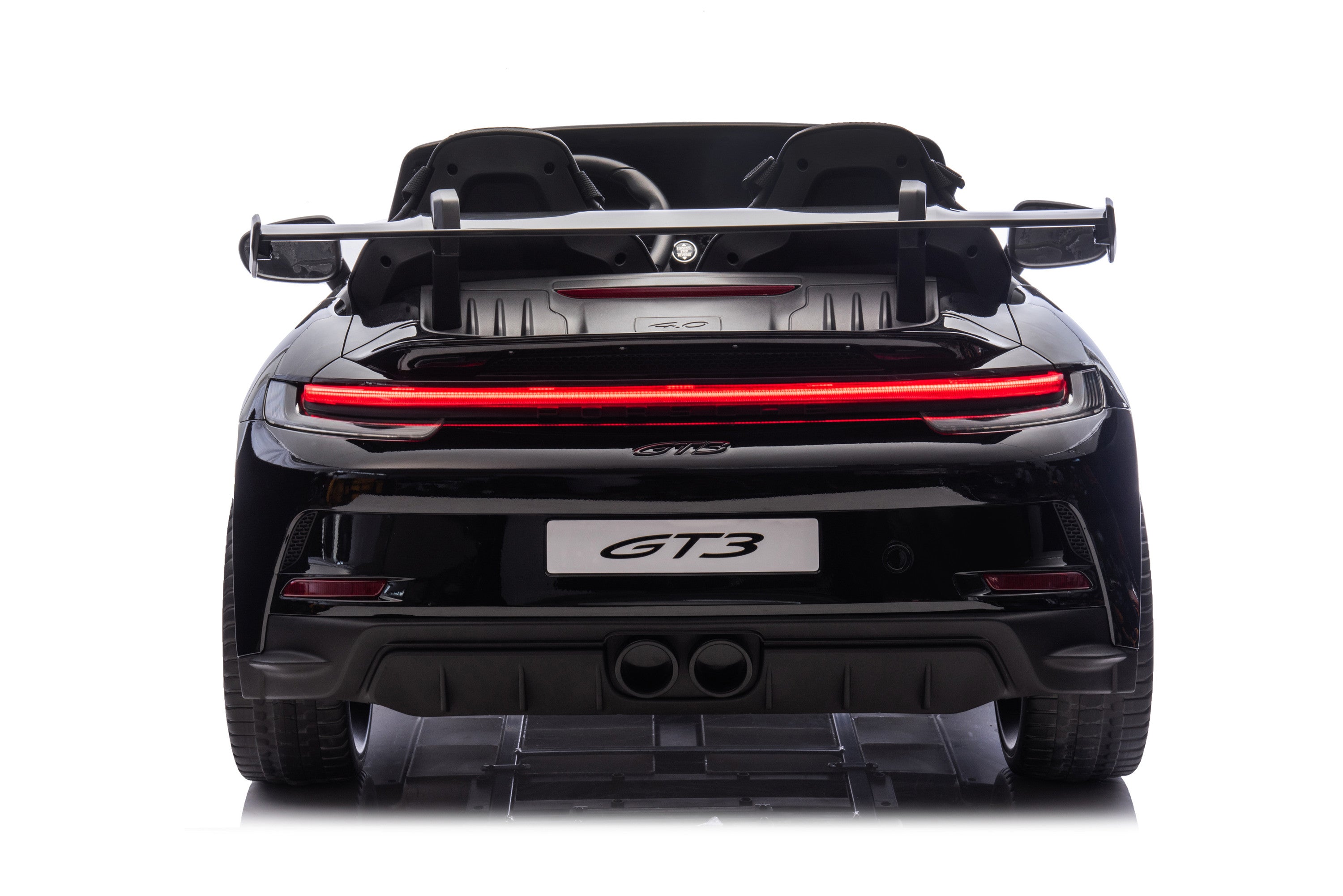 Back view of a black porsche 911 GT3 car on a white background