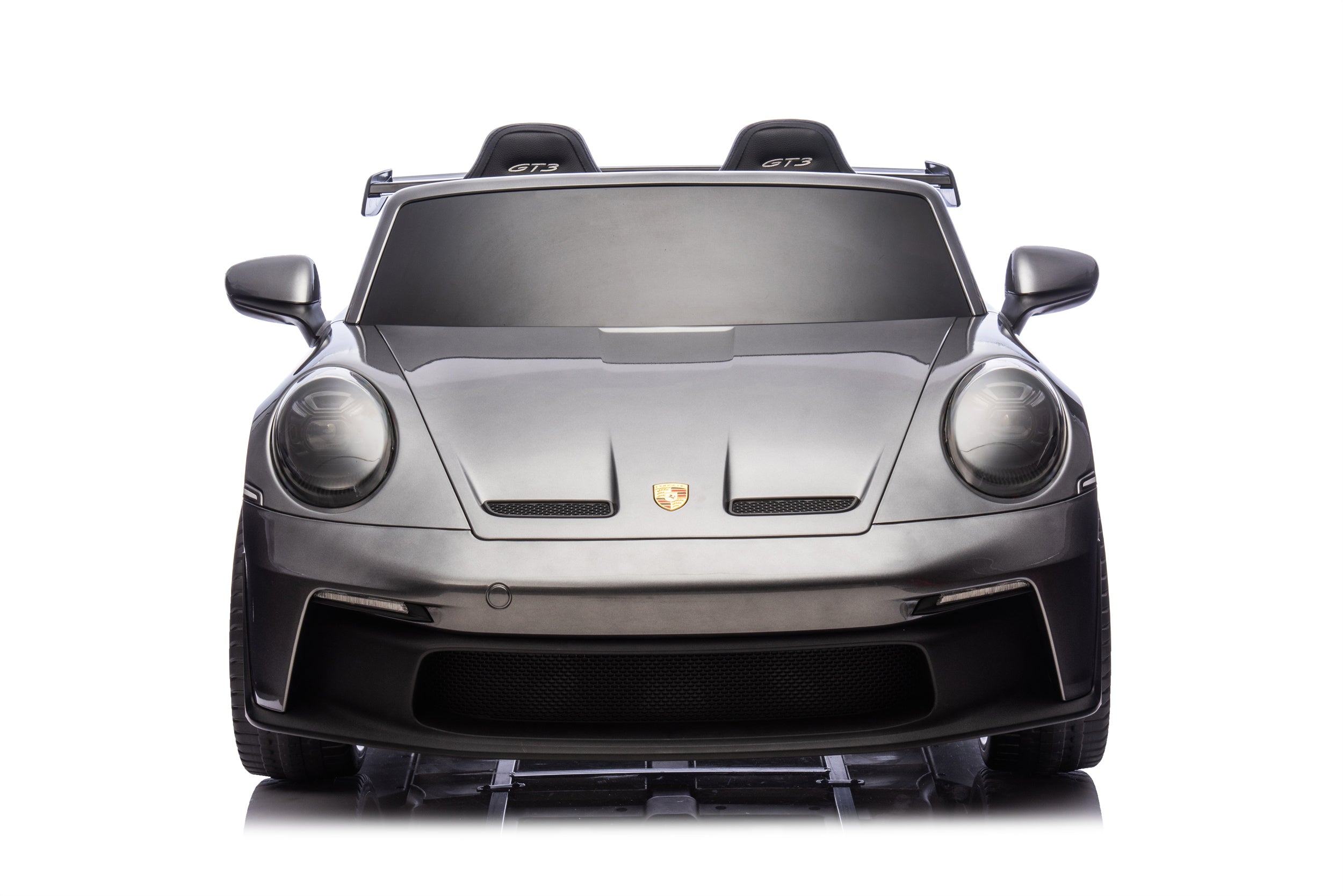 Front view of a toy car resembling a Porsche on a white background