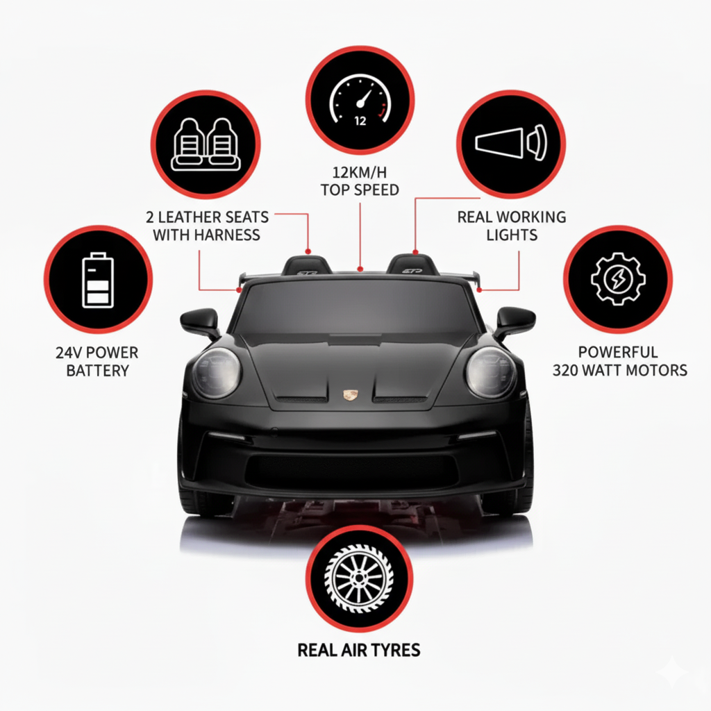 Black toy car with features highlighted in red circles on a white background