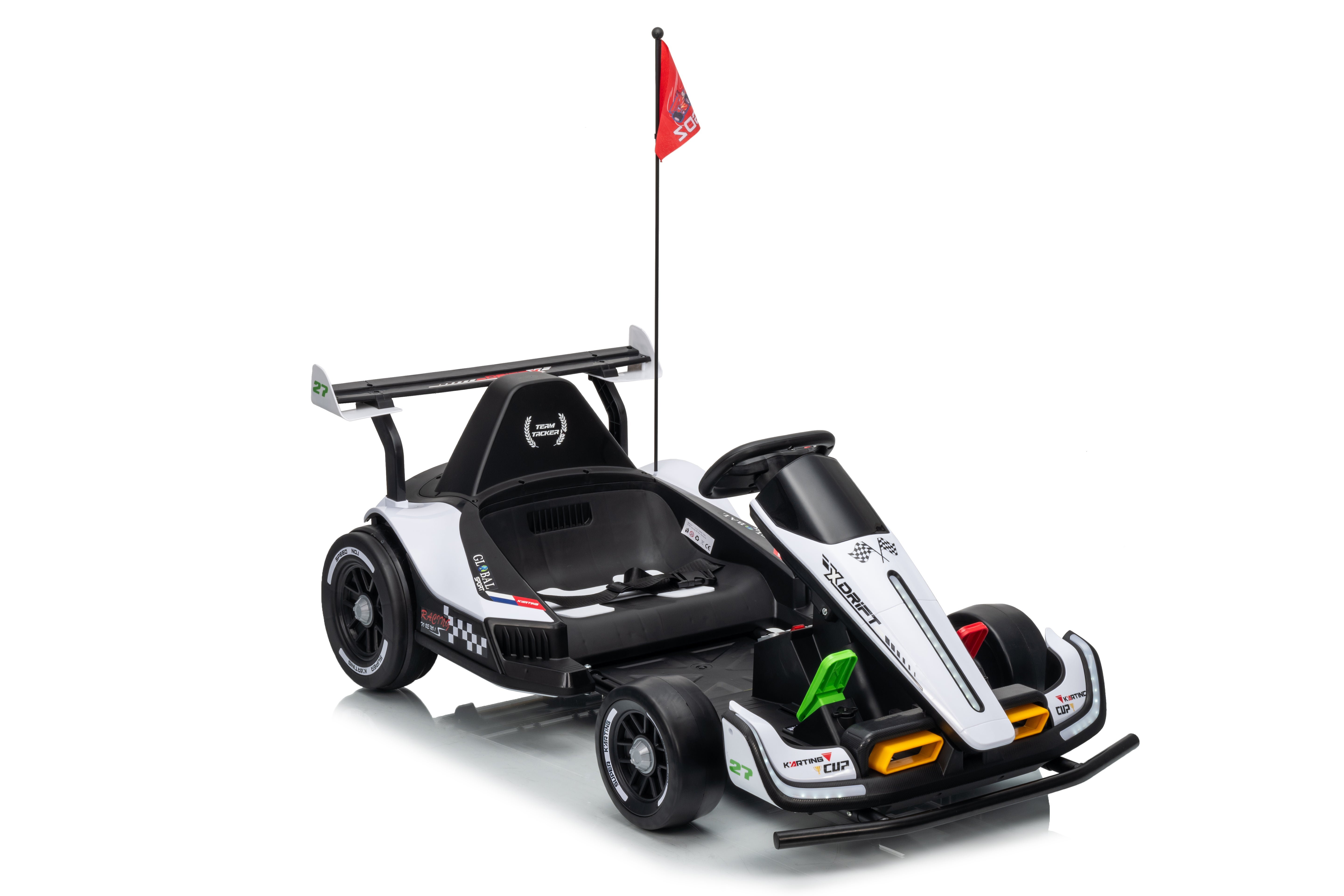 Model of a racing car with a red flag on a white background
