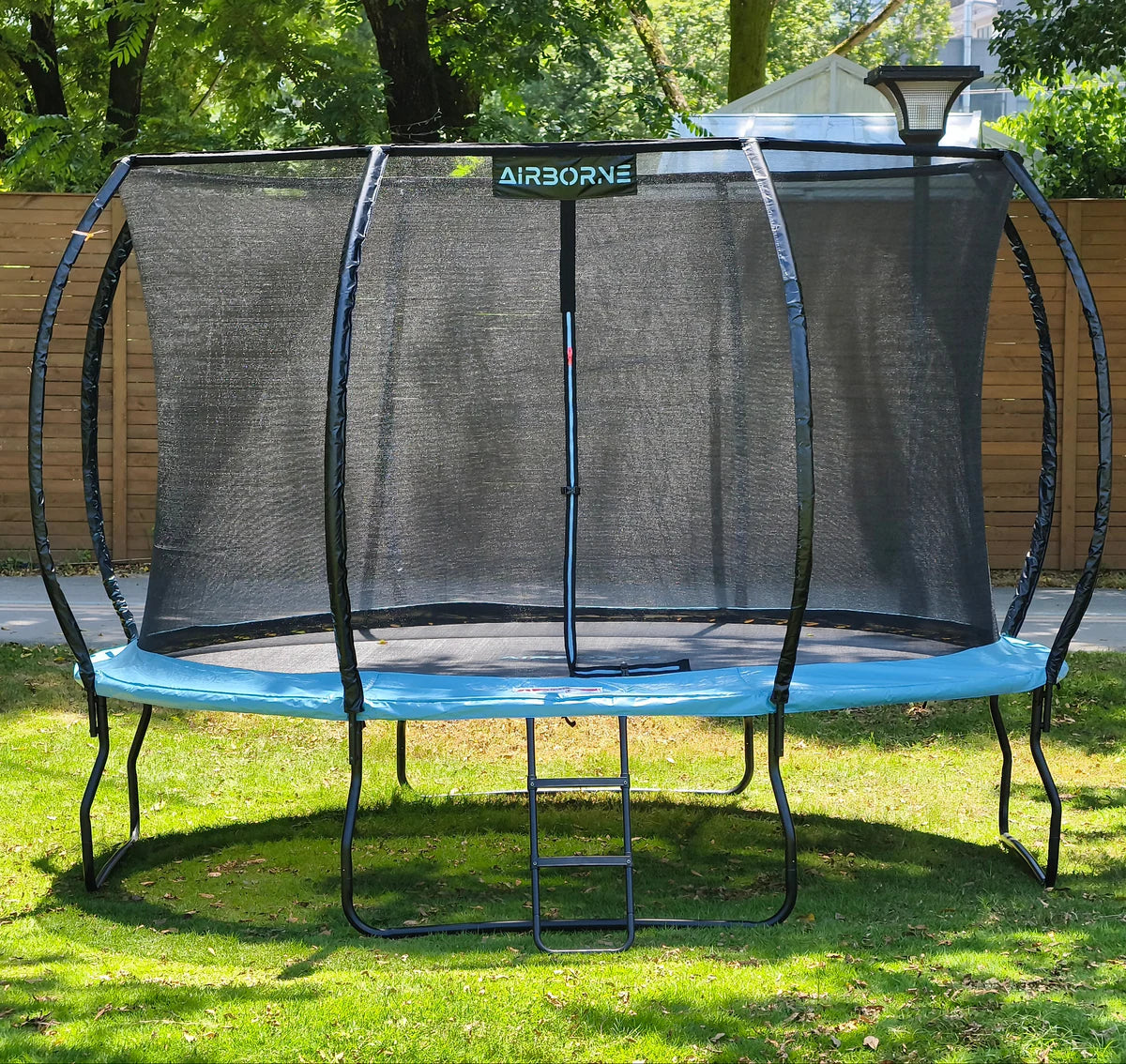Trampoline with safety net and ladder on grass, surrounded by trees and a wooden fence.