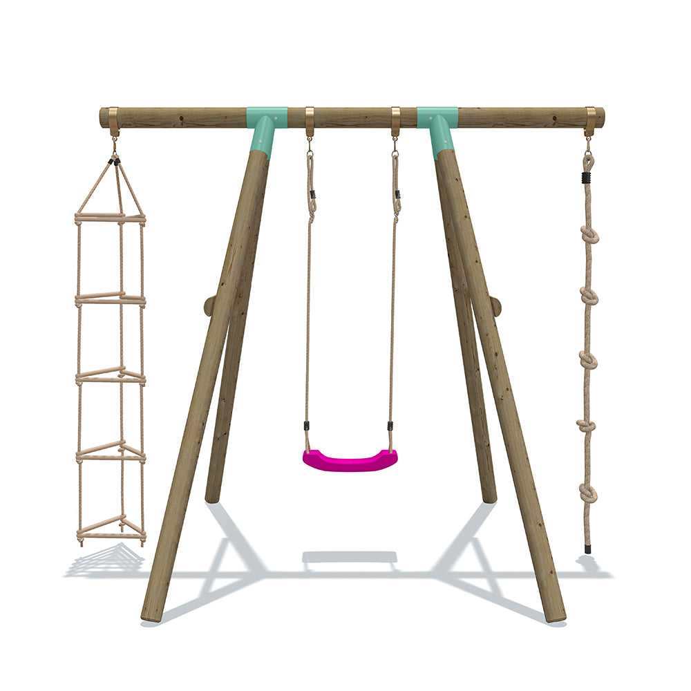 3 in 1 wooden swing set, hanging rope, with yellow, green, blue and red seats