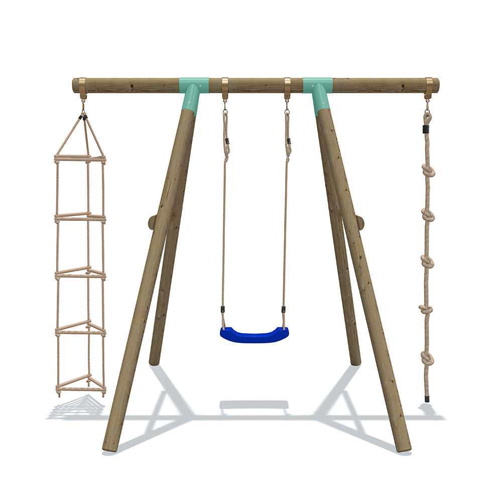3 in 1 wooden swing set, hanging rope, with yellow, green, blue and red seats