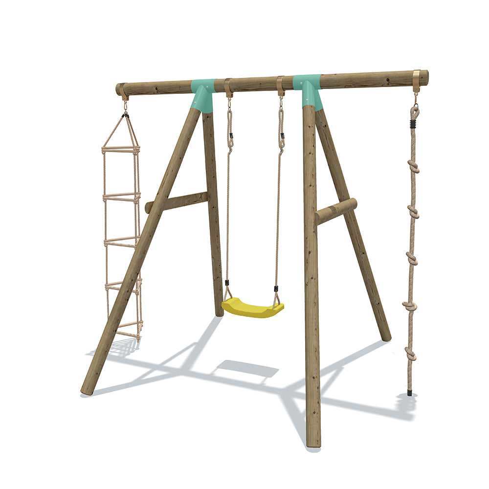 3 in 1 wooden swing set, hanging rope, with yellow, green, blue and red seats