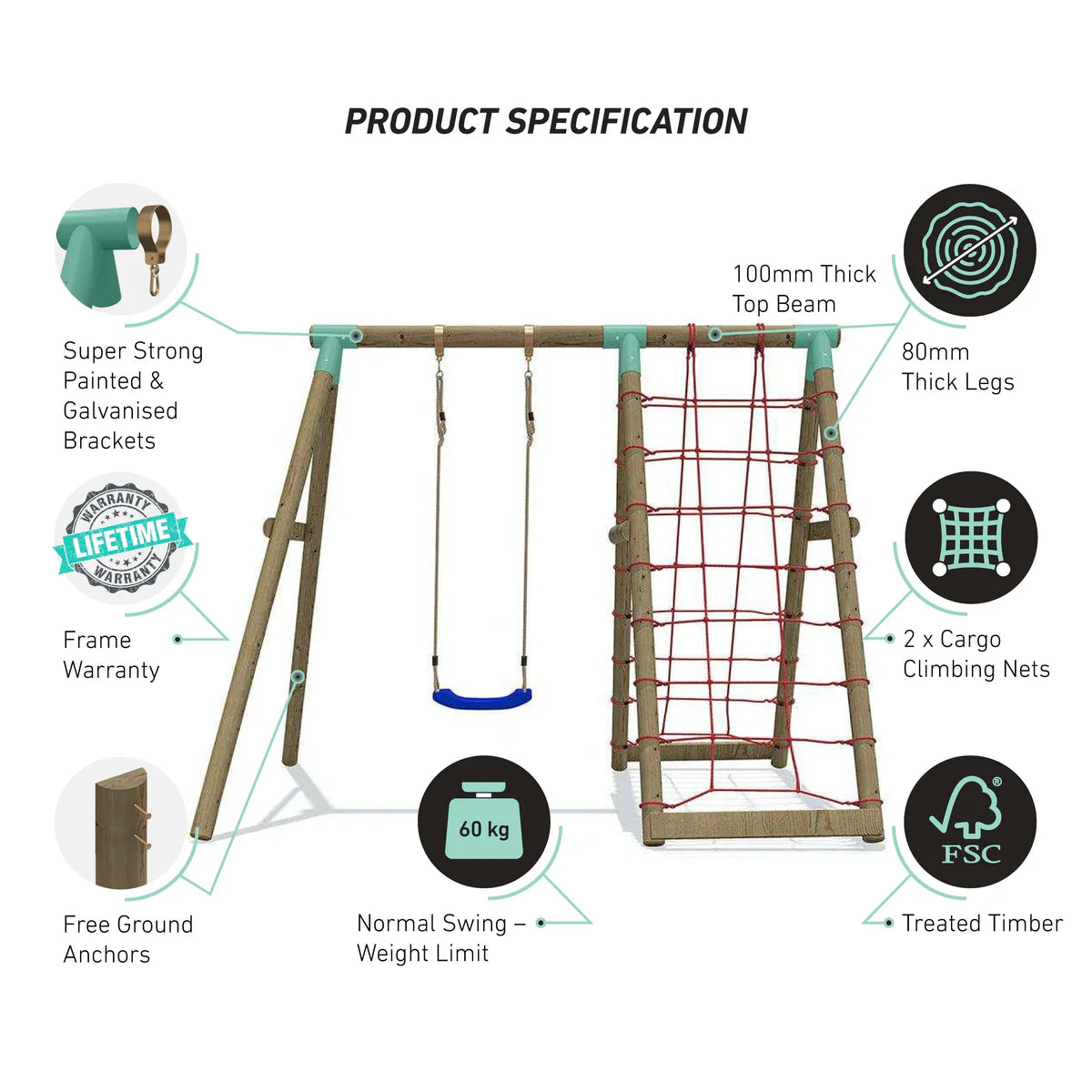 Wild Aussie Wooden Swing Set With Double Cargo Net