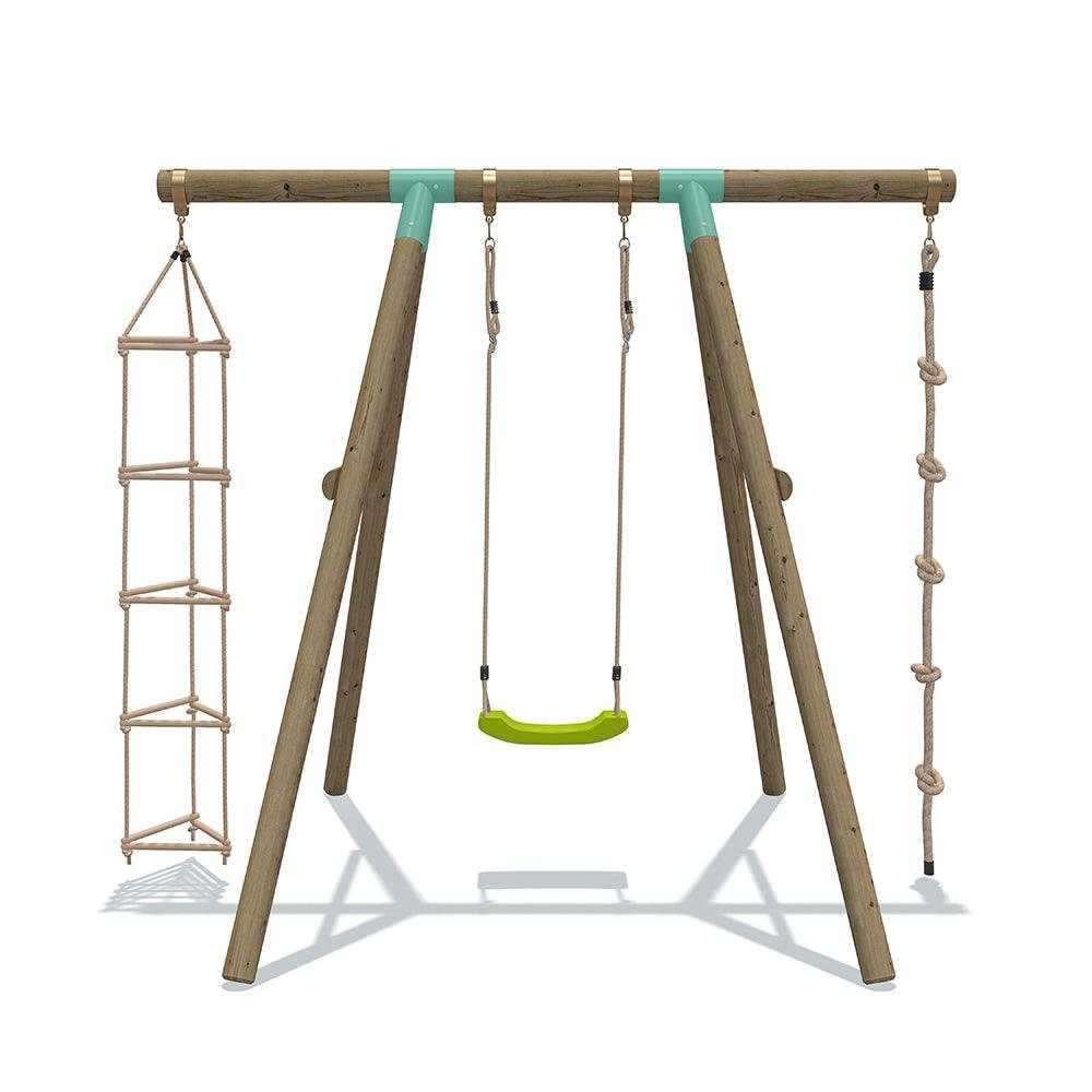 3 in 1 wooden swing set, hanging rope, with yellow, green, blue and red seats