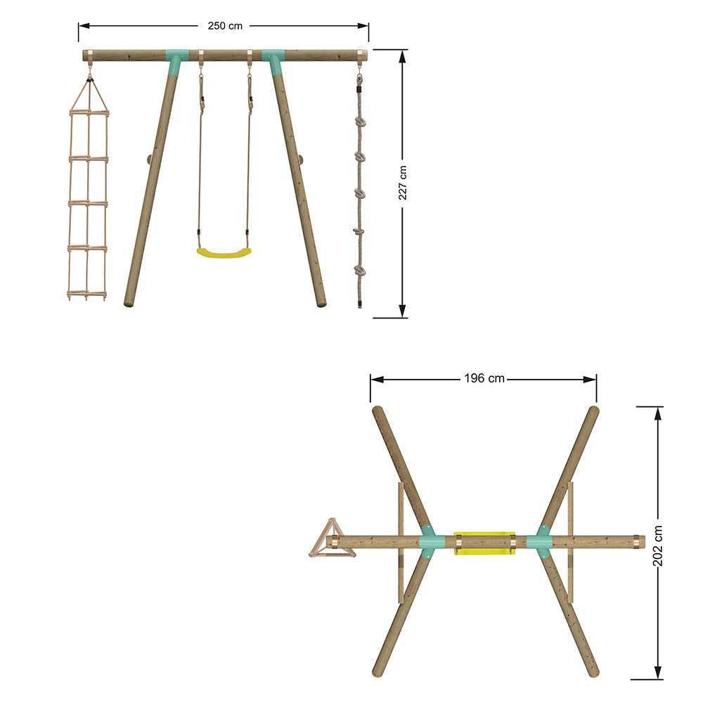 3 in 1 wooden swing set, hanging rope, with yellow, green, blue and red, pink and orange seats