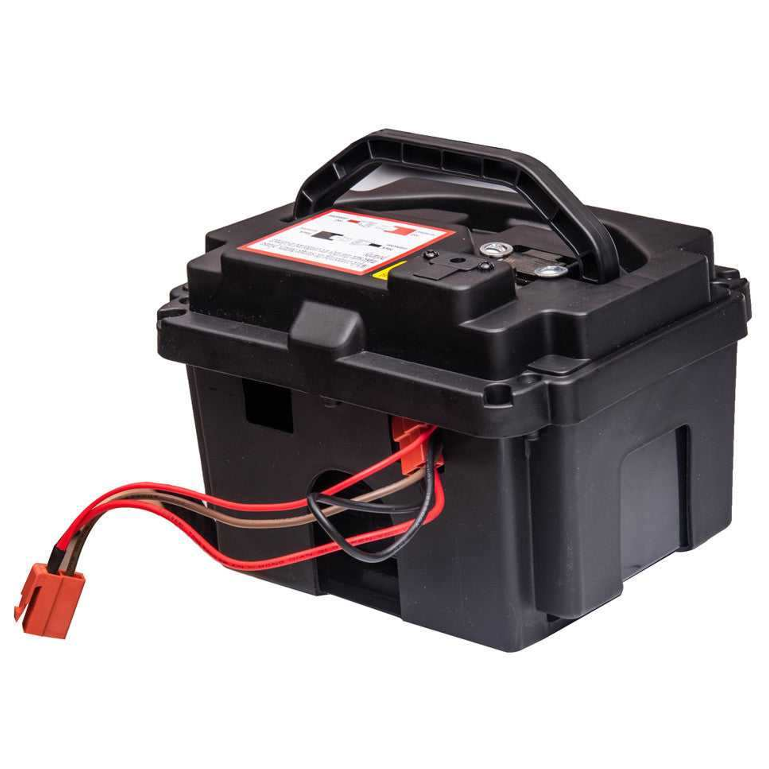 Black battery pack with red and black cables on a white background