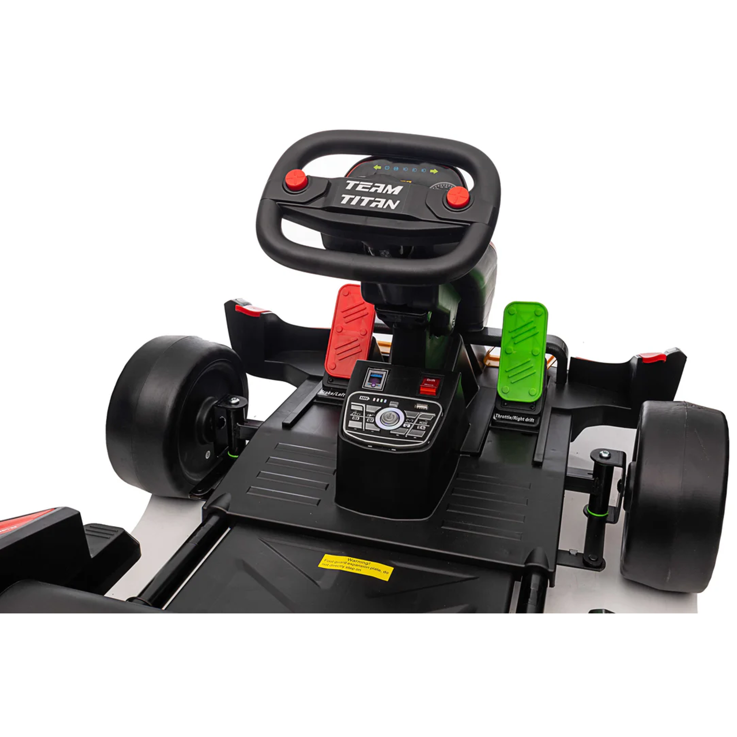 Children's toy car with steering wheel and dashboard on a white background