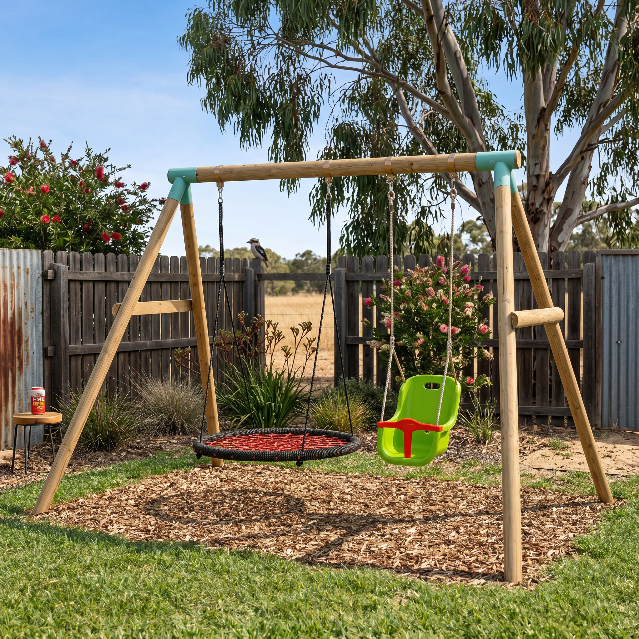 Wild Aussie 120cm Round Nest Wooden Swing Set with Baby Seat