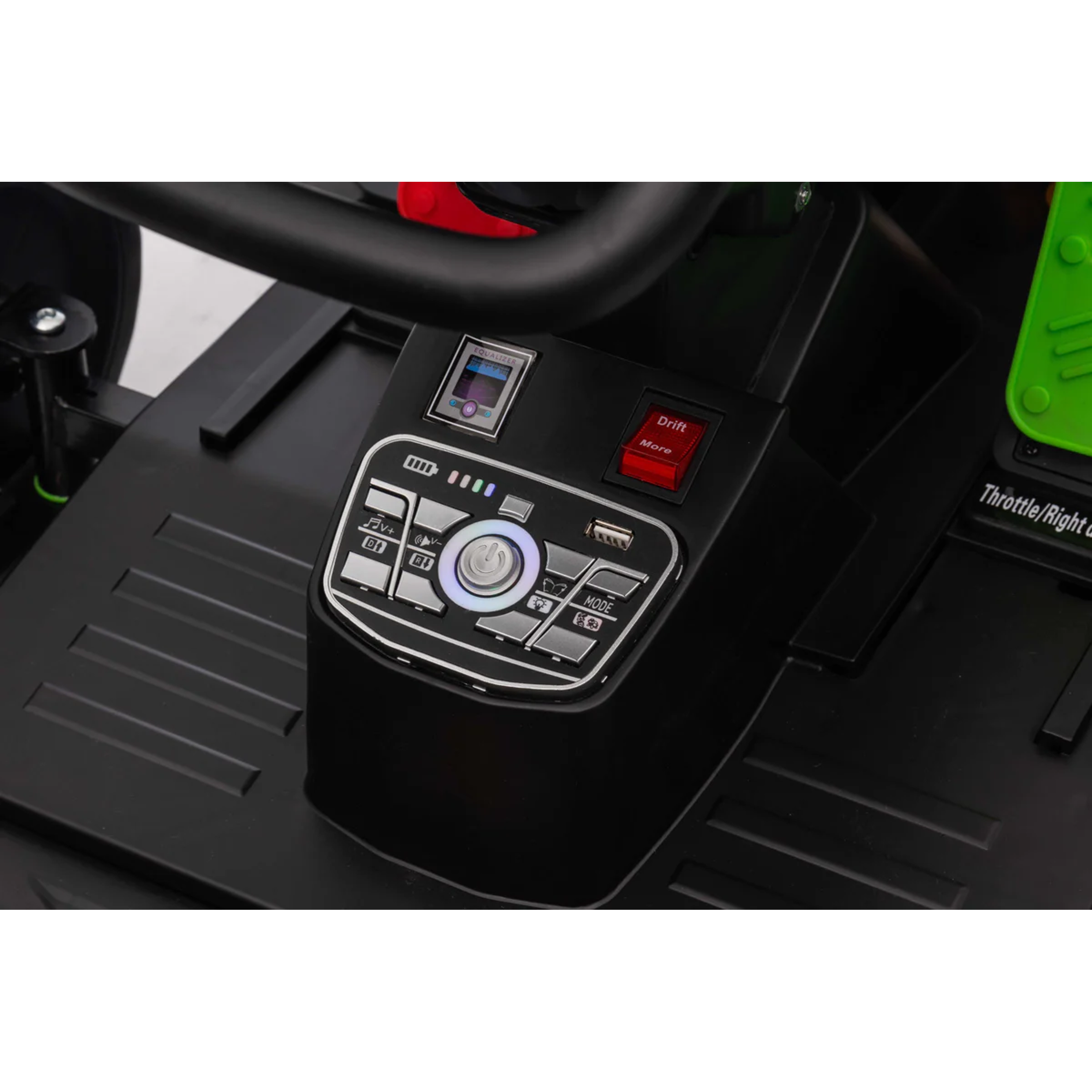 Control panel of a toy car with buttons and display on a black surface