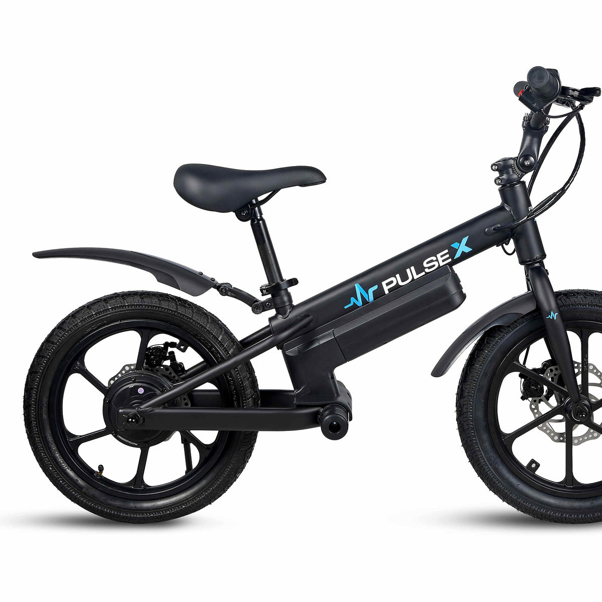 A black Pulse X electric kids' bicycle with a step-through frame, black tires, and a blue brand logo, shown on a clean white background.