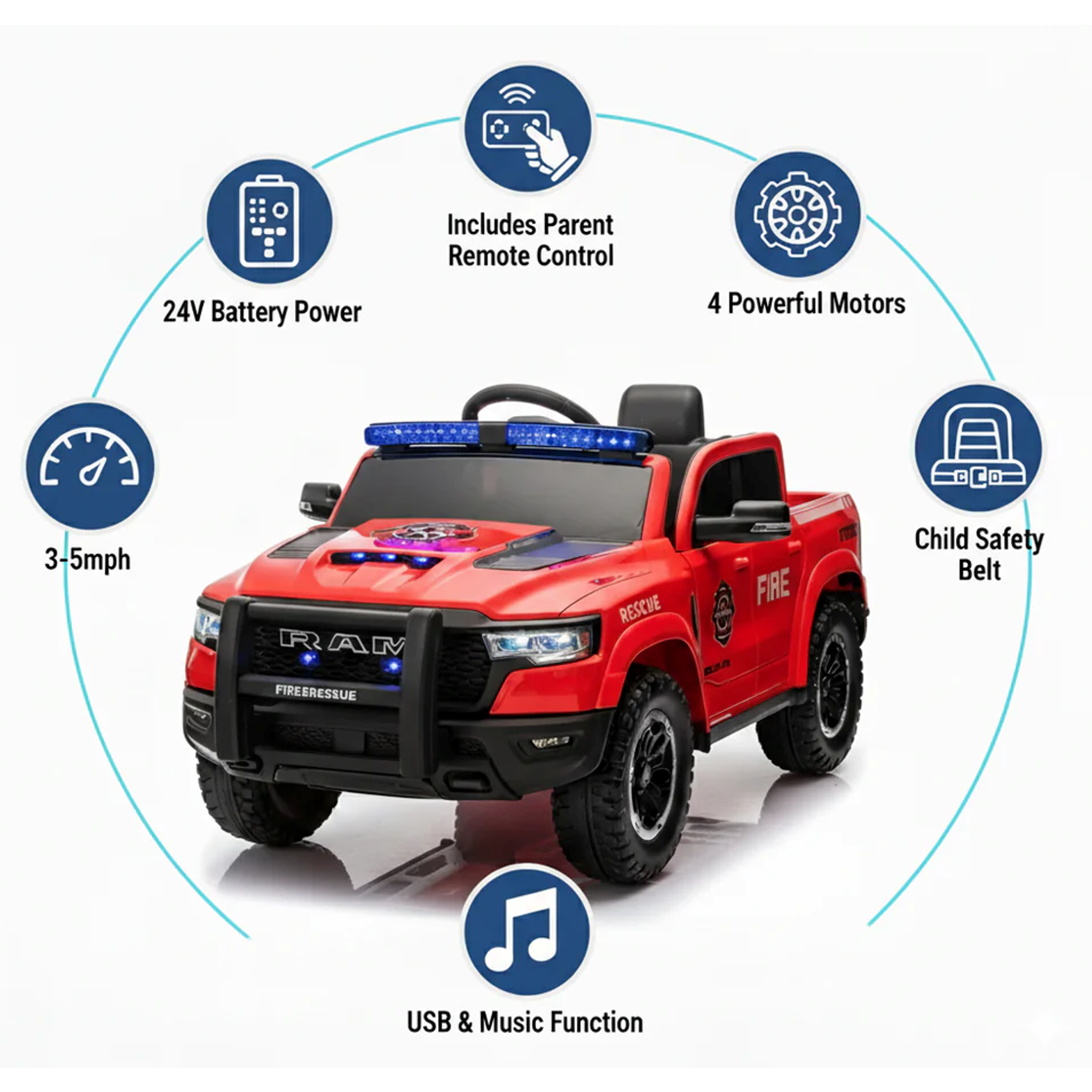 24v Licensed Dodge Ram Fire Truck Official Ride On 4x4