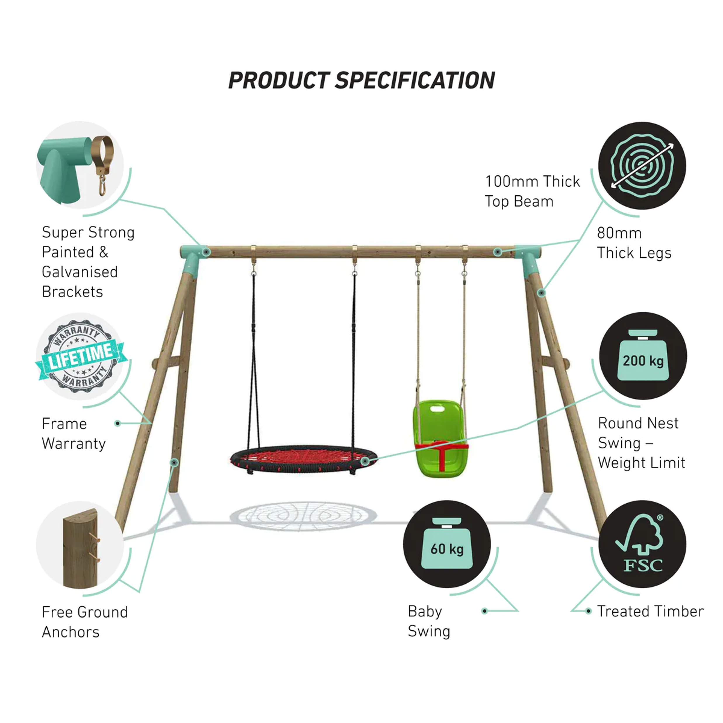 Wild Aussie 120cm Round Nest Wooden Swing Set with Baby Seat
