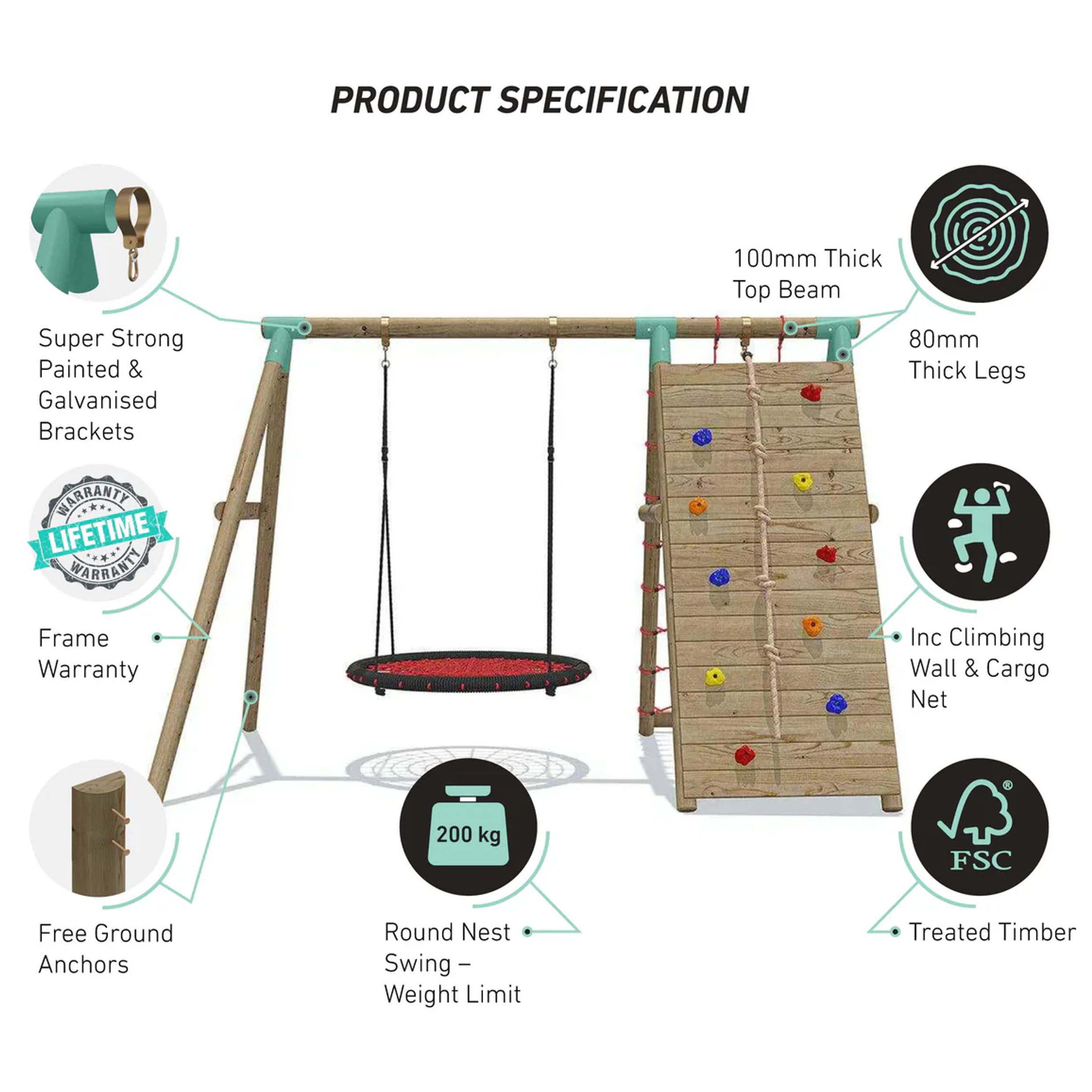 Wild Aussie Wooden Climber & 120cm Nest Swing Set