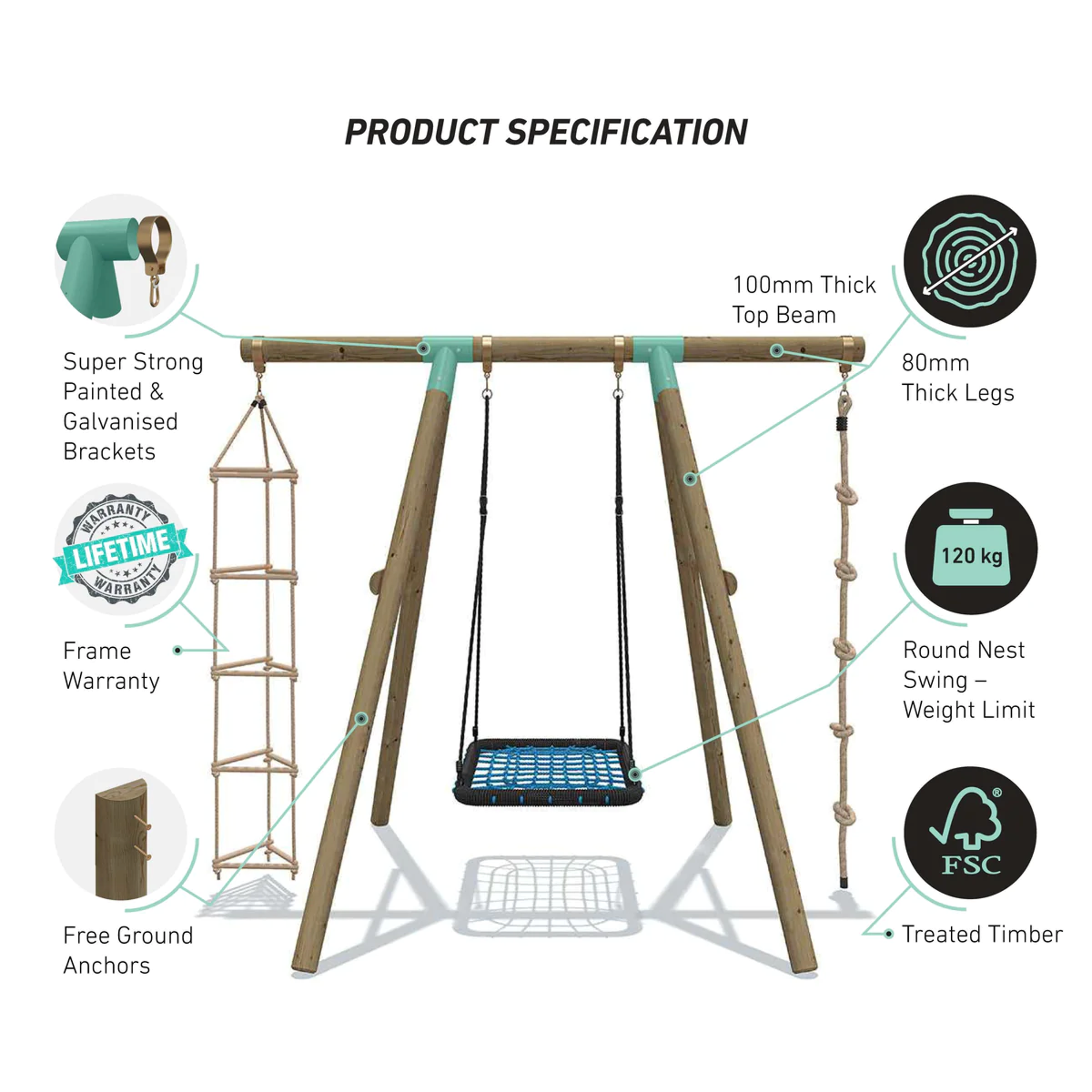 Wild Aussie 3 in 1 Rectangle Wooden Swing Set With Rope & Ladder