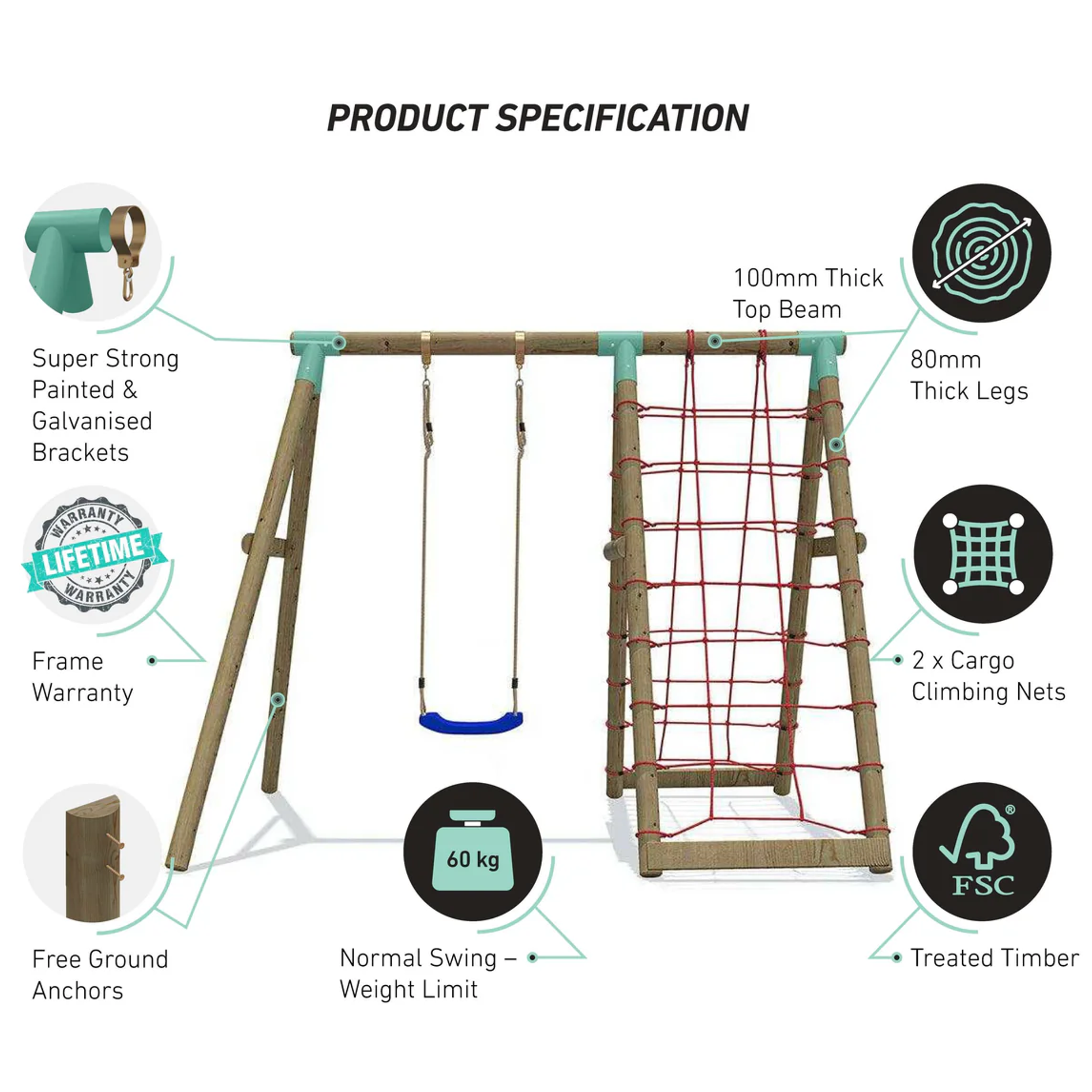 Wild Aussie Wooden Swing Set With Double Cargo Net