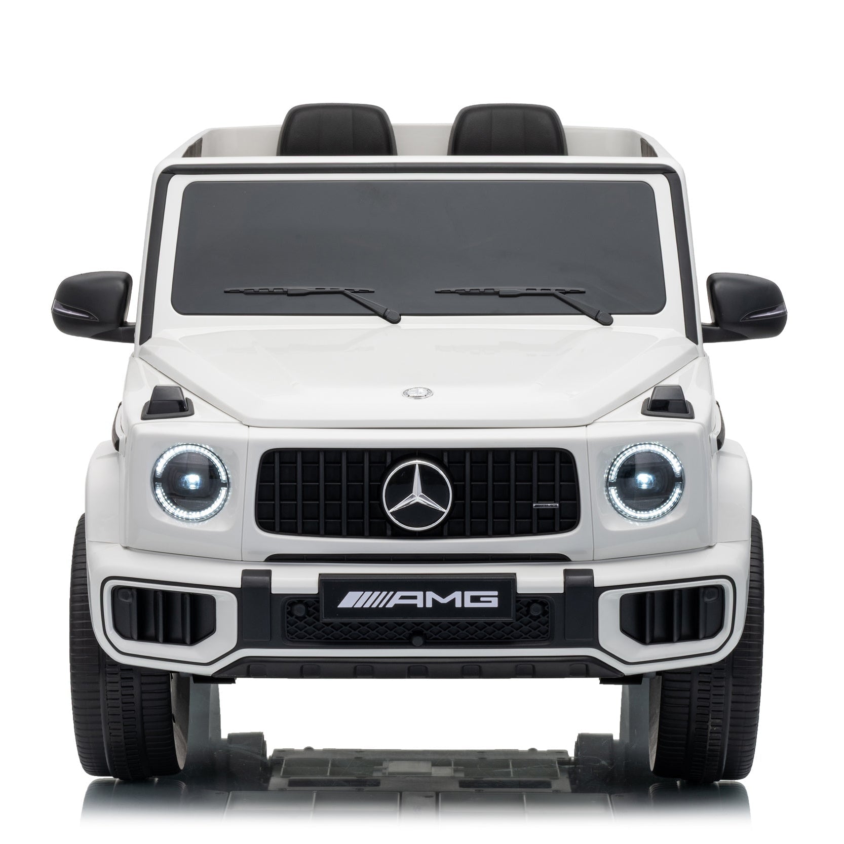 A white Mercedes-Benz AMG kids' ride-on car toy photographed from the front on a clean white background.