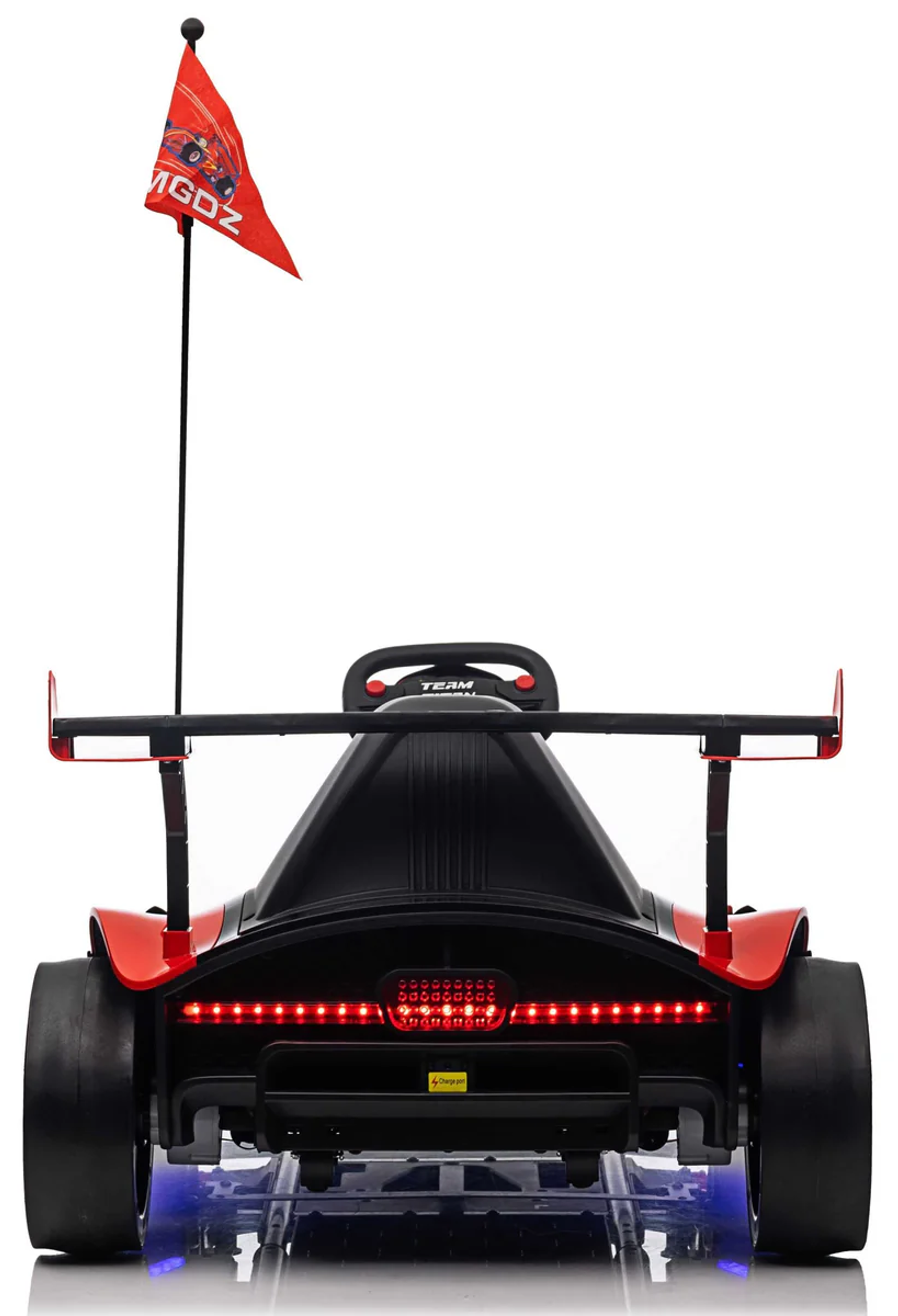 Back view of a toy car with a red flag and visible branding on a white background