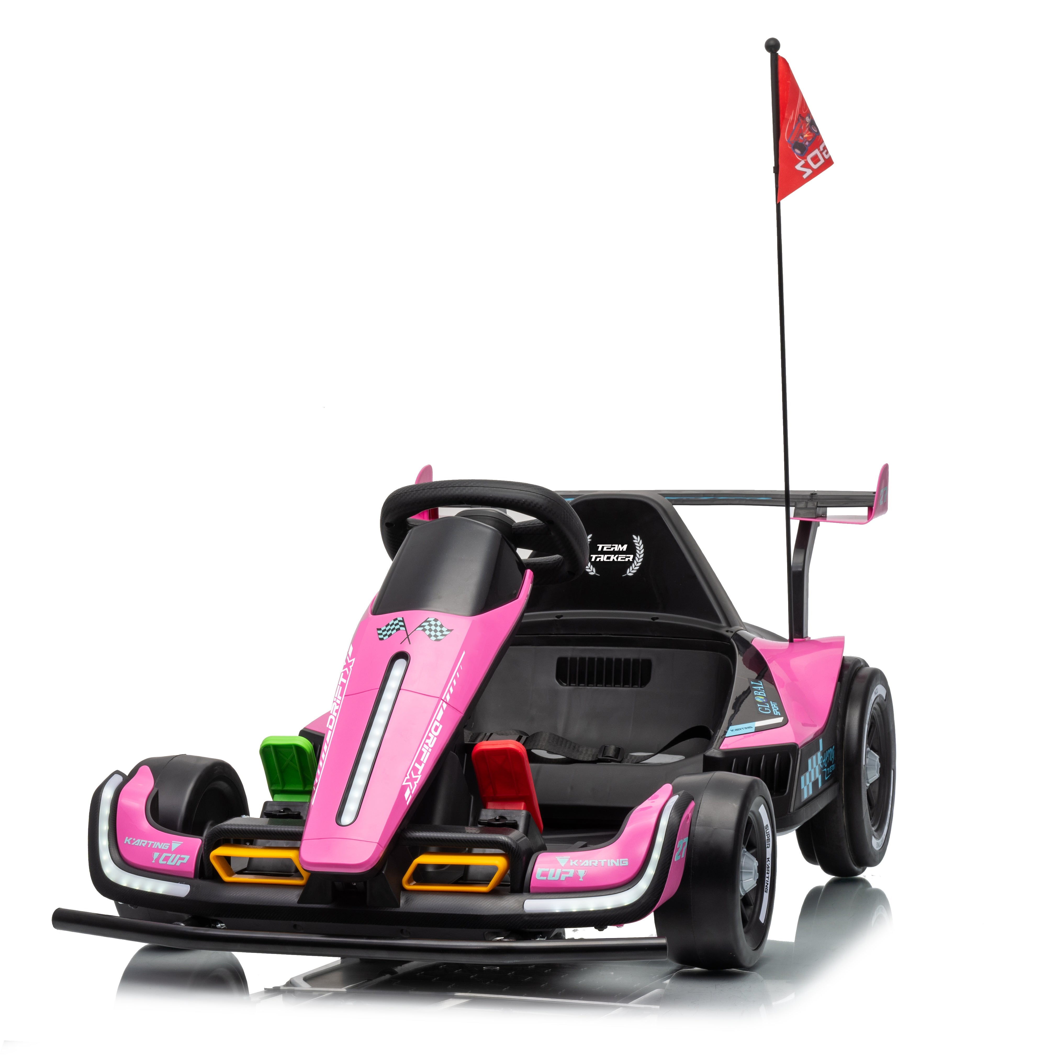 Pink and black go-kart with a red flag on a white background