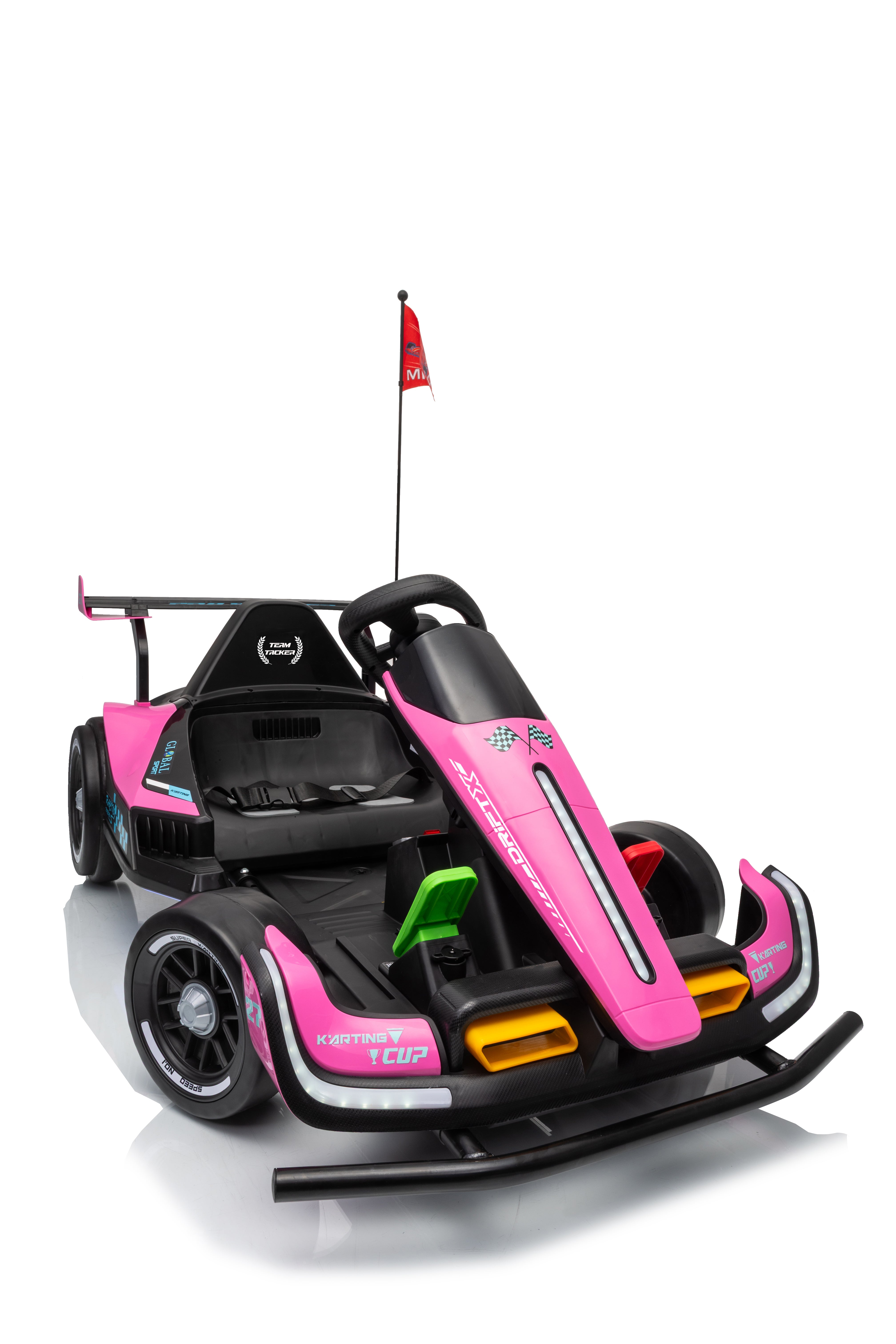 Pink and black toy go-kart with a flag on a white background