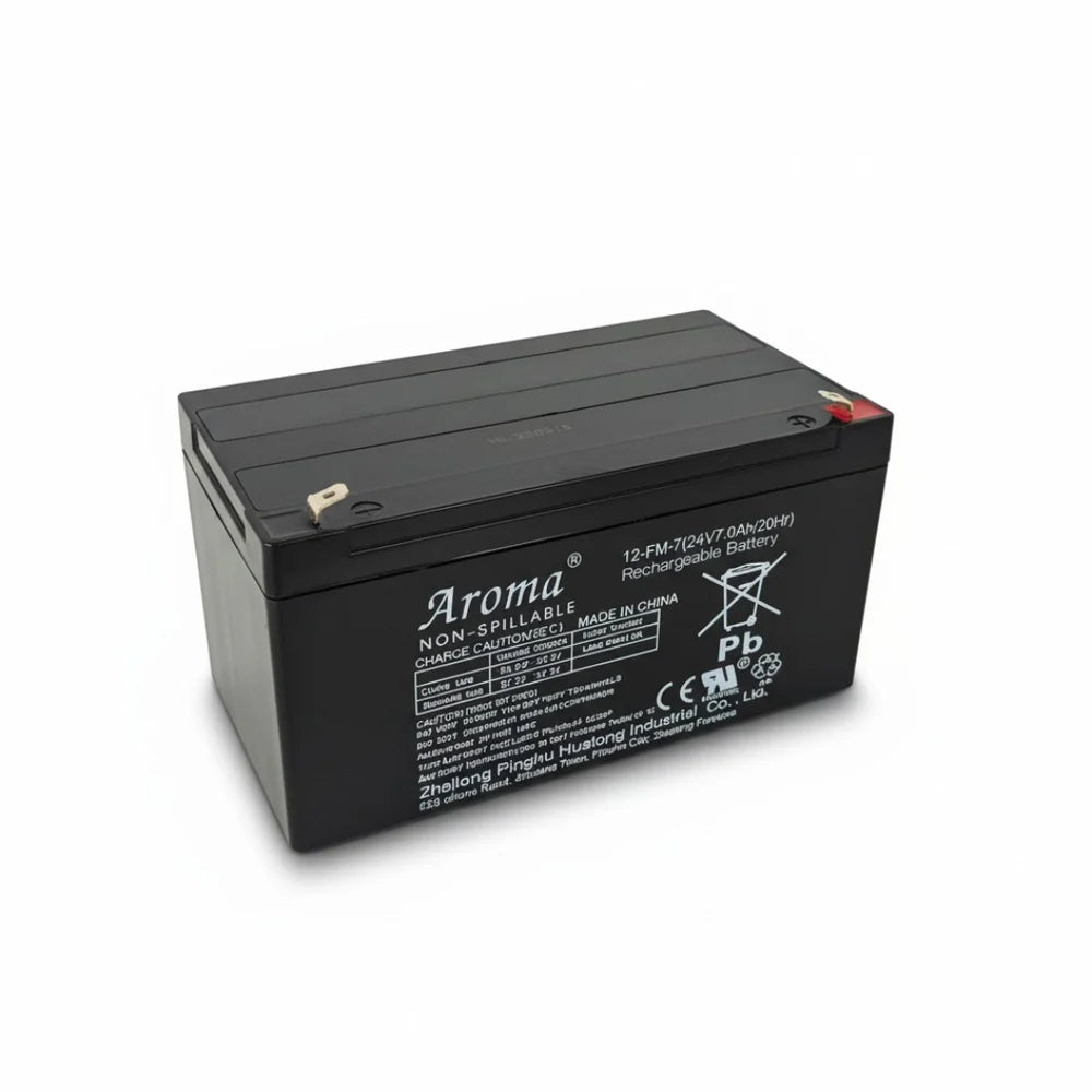 A 12-FM TCD17 14V(20V) leaded gel battery by Aroma, shown at a three-quarter angle on a white background.