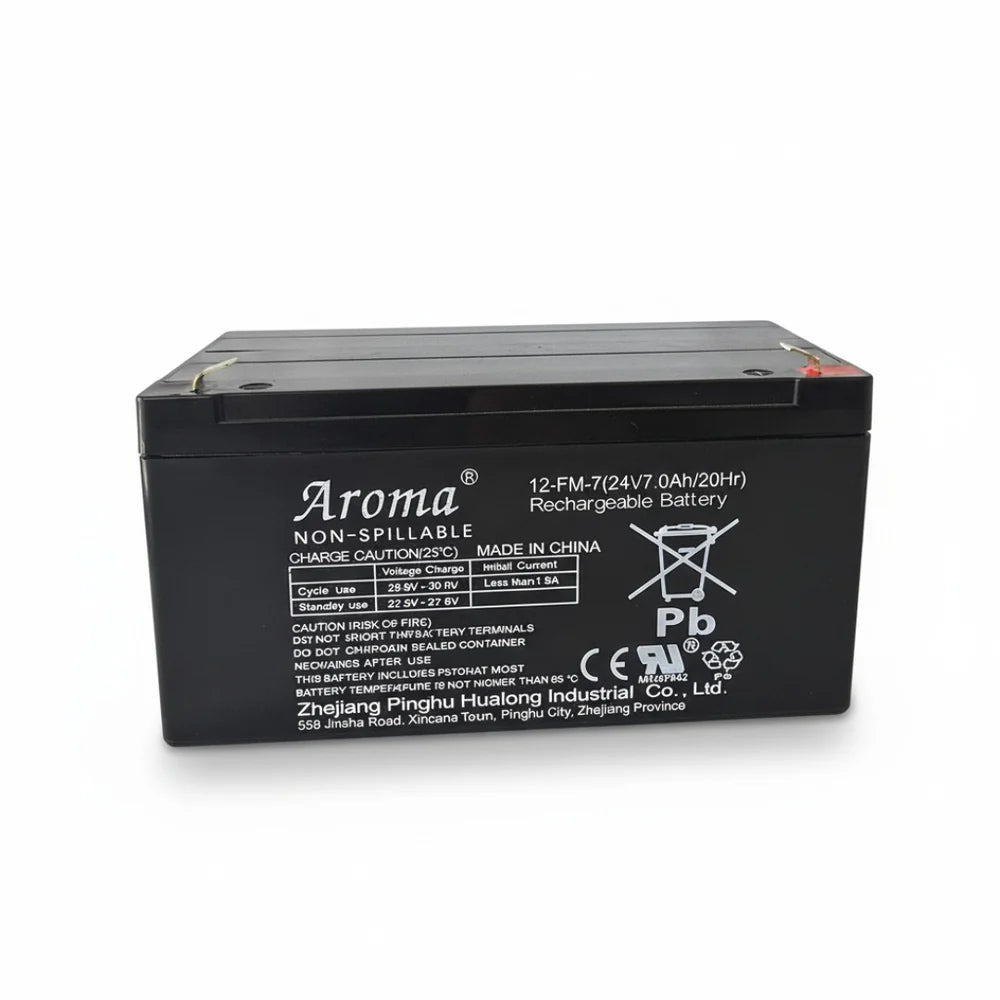A black non-spillable rechargeable battery by Aroma, with white printed specifications and symbols on the front, photographed on a white background.