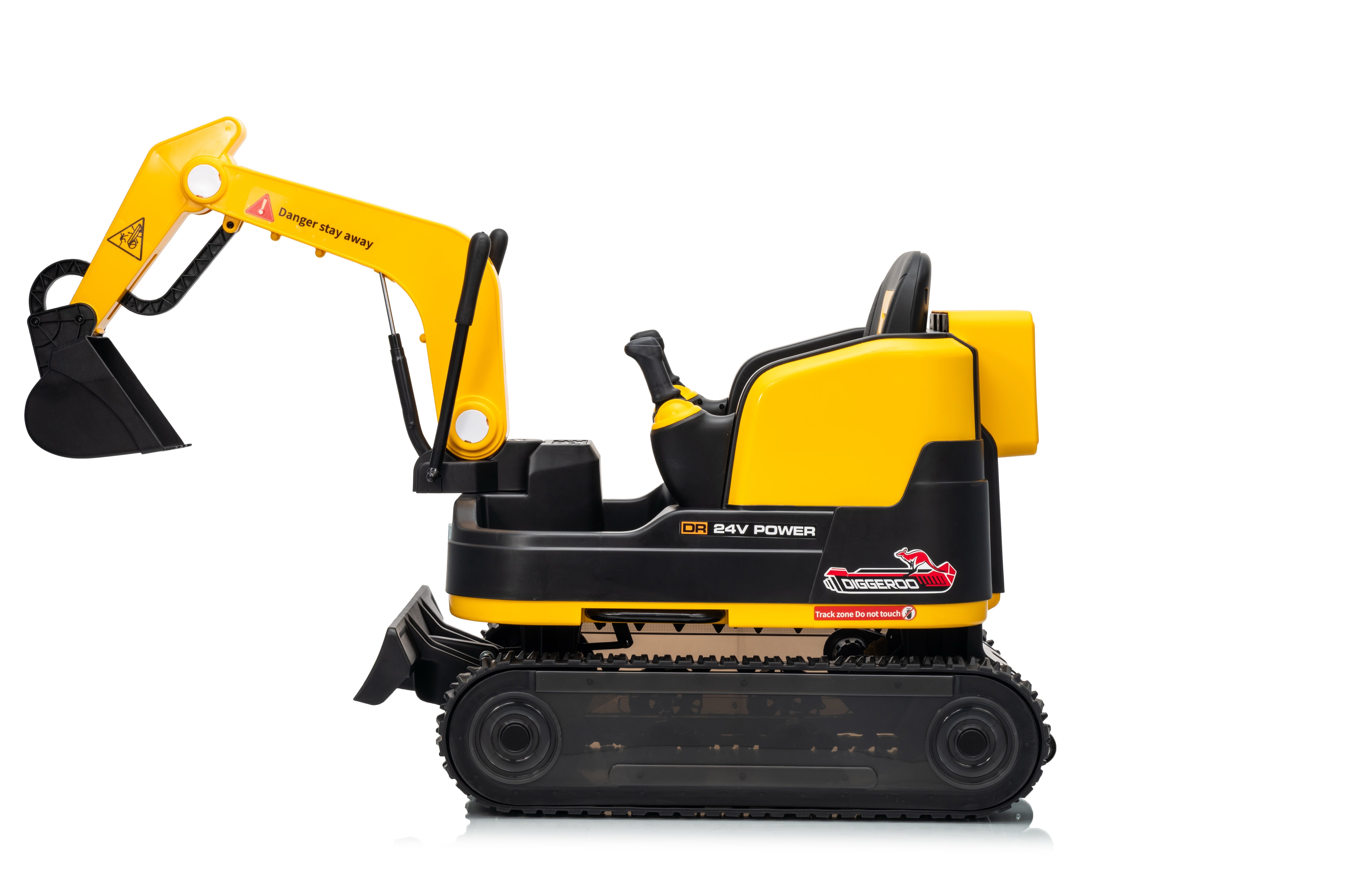 Yellow and black toy excavator on a white background