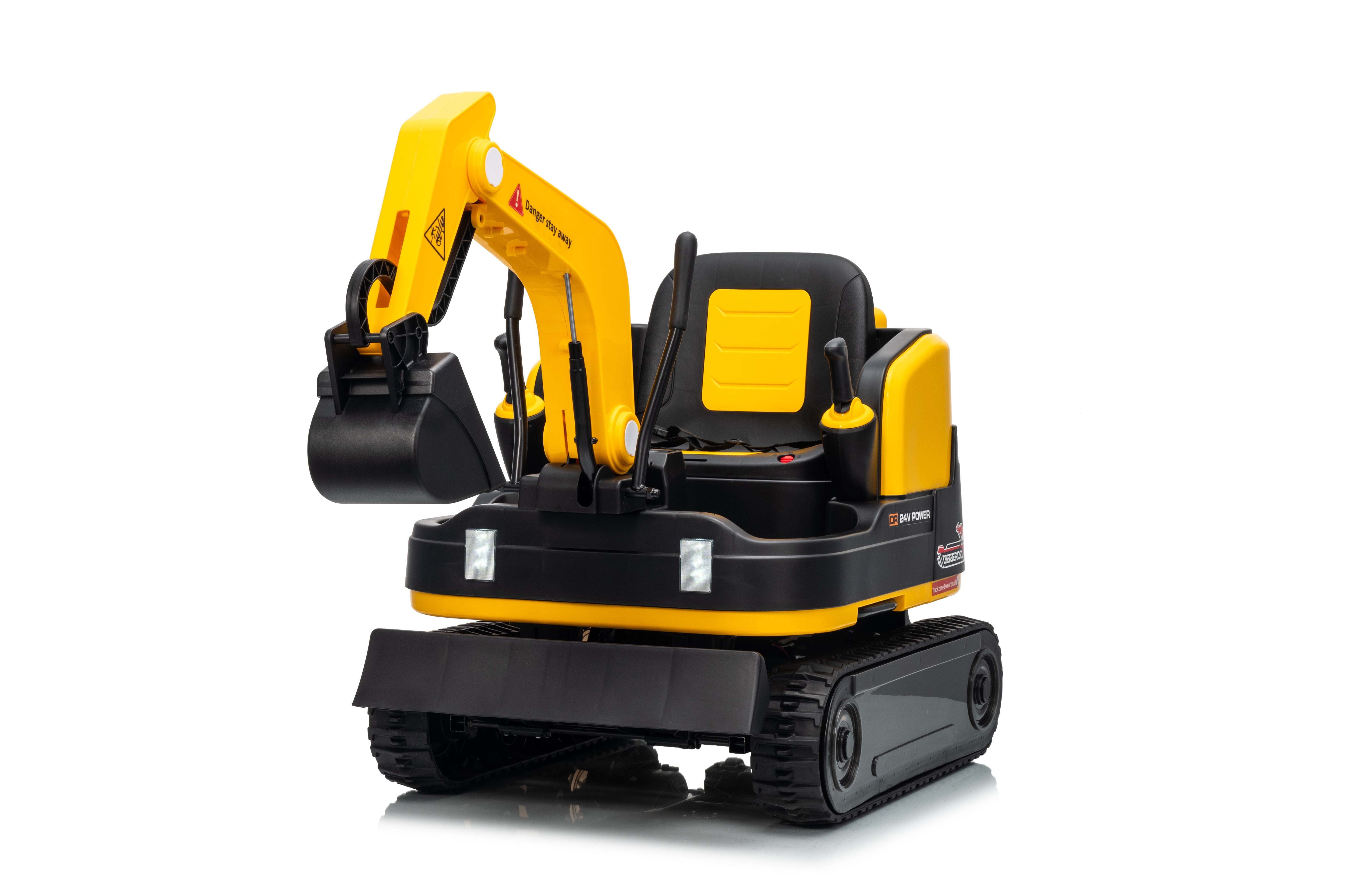 Yellow and black toy excavator on a white background