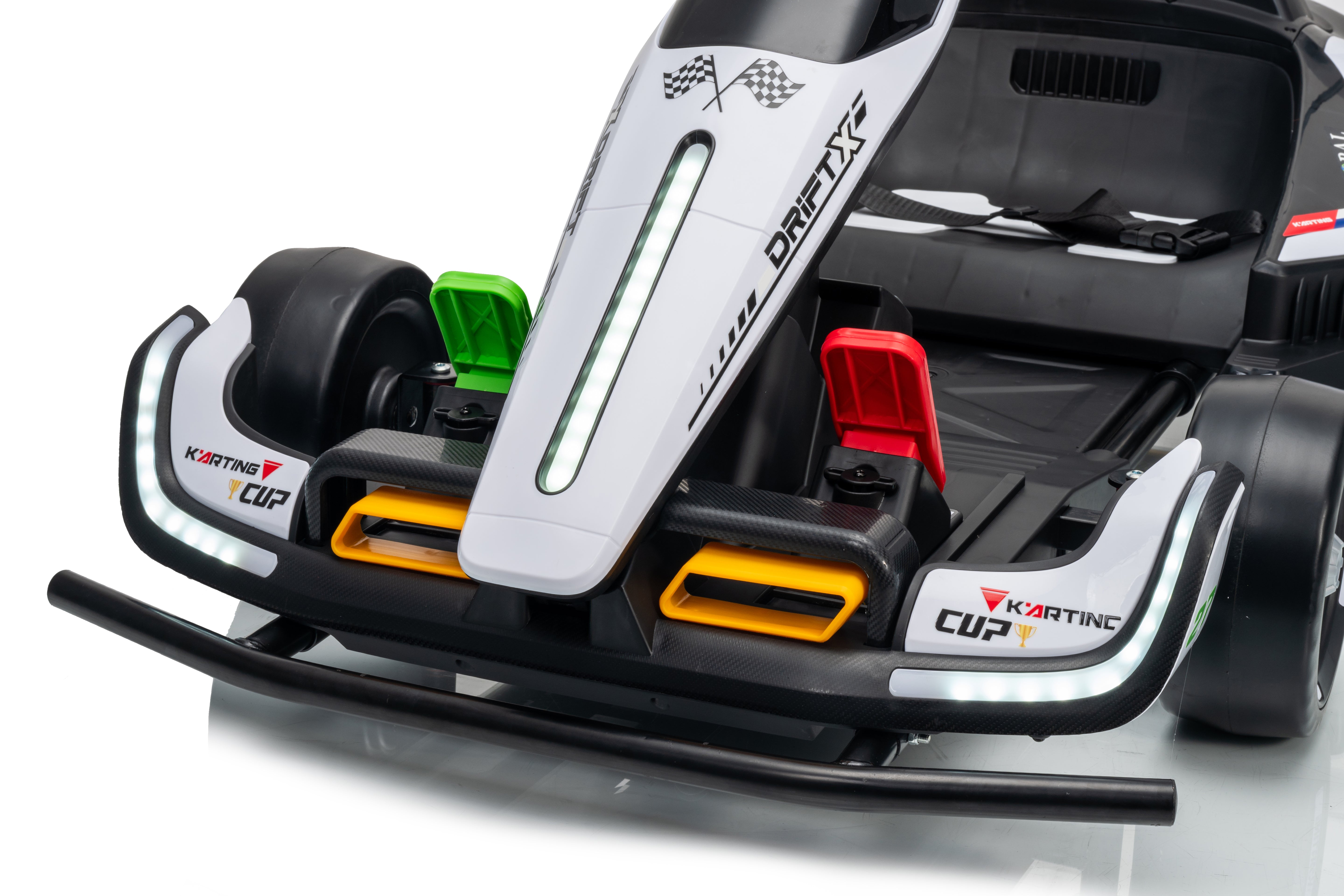 Close-up of a go-kart with visible branding on a white background