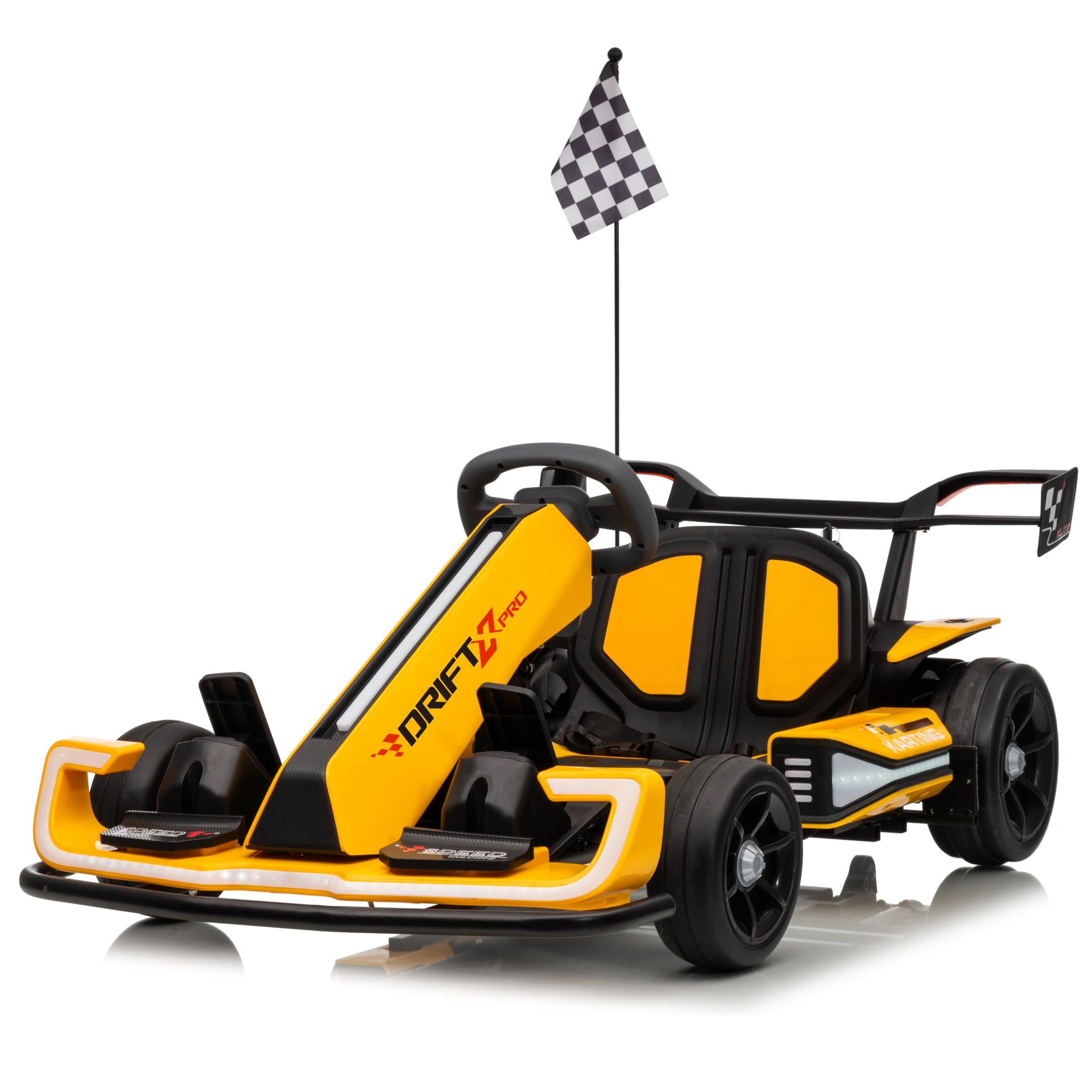Yellow and black toy go-kart with a checkered flag on a white background