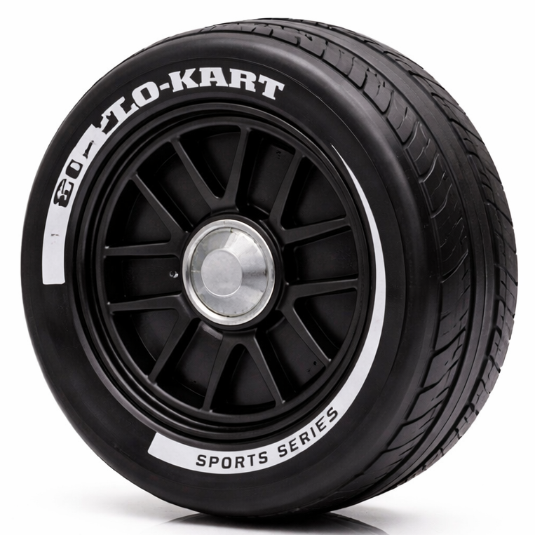 Black racing tire with 'Go-Kart' branding on a white background