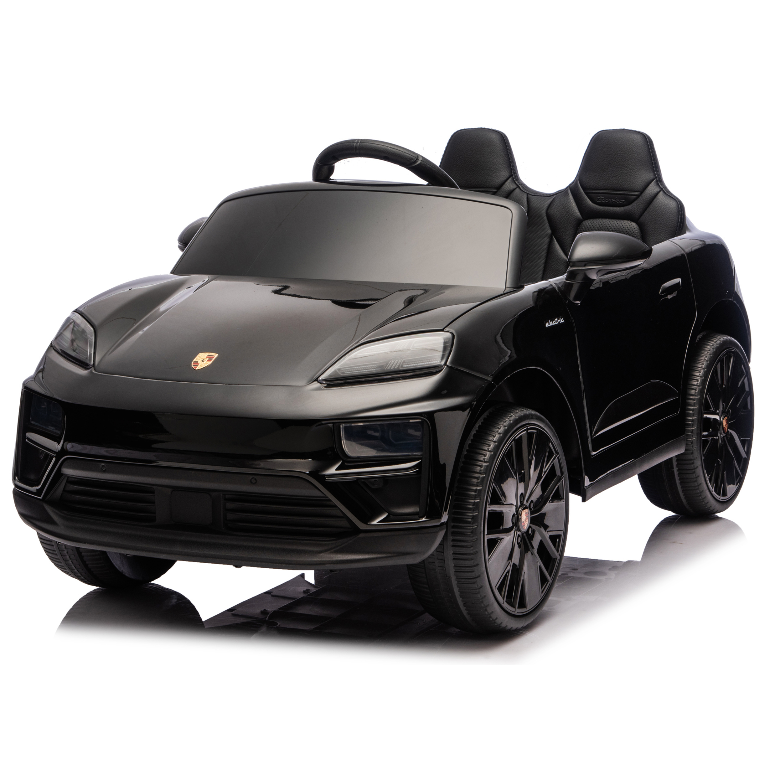 Black toy car with a Porsche logo on a white background